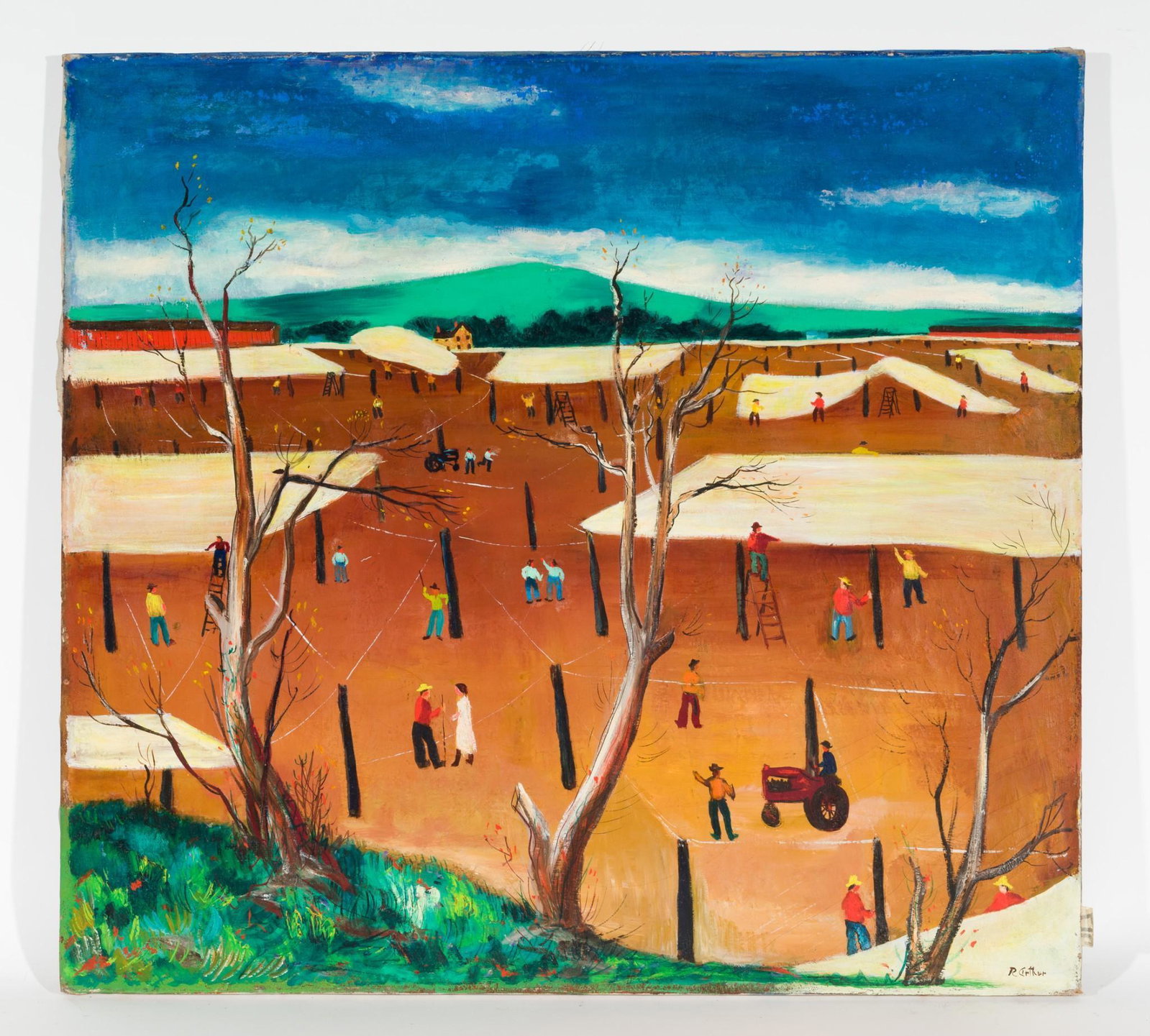 Connecticut Farm Landscape: DESCRIPTION: "Connecticut Farm Landscape". Revington Arthur (American, 1908-1986). Oil on canvas. Signed lower right. MEASUREMENTS: 35" high by 32" wide. CONDITION: Unframed. Scattered losses around e