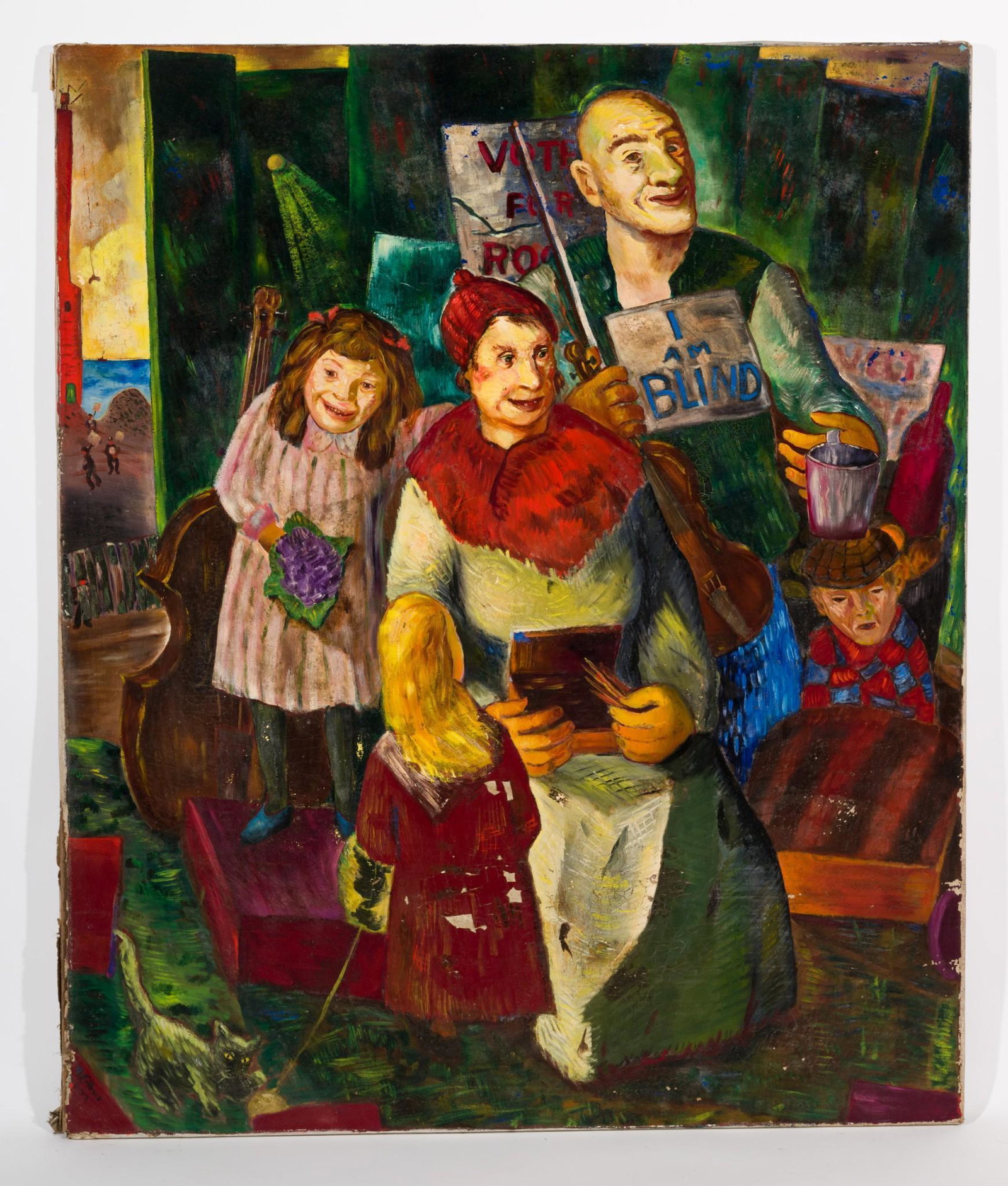 Beggar's Family, Believed 1937: DESCRIPTION: Beggar's Family. Revington Arthur (American, 1908-1986). Oil on canvas. Signed lower left. Exhibited at Montross Gallery, New York. MEASUREMENTS: "60 high by 50" wide. CONDITION: Unframed