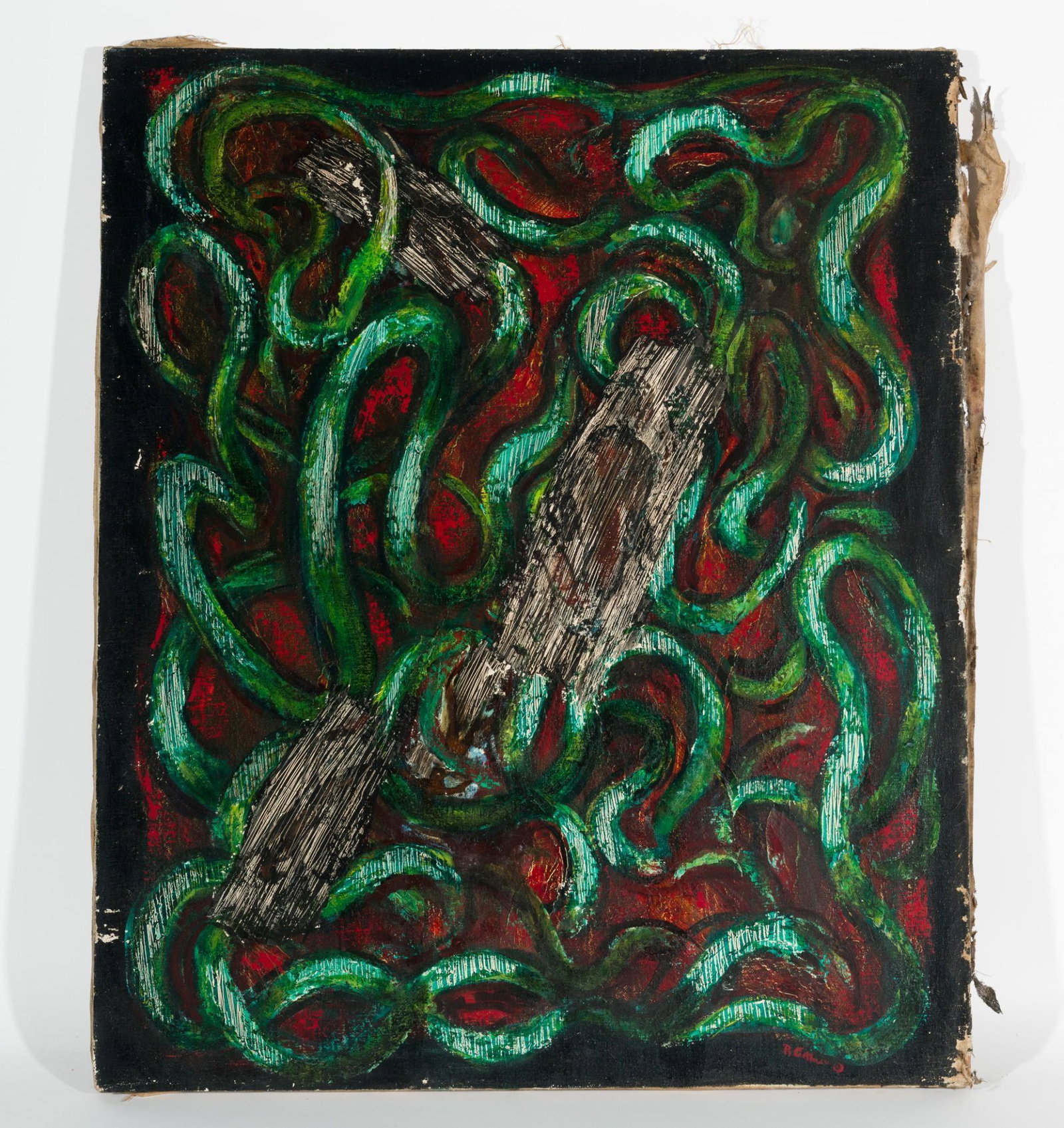Untitled, Vines Or Tentacles: DESCRIPTION: Untitled, Vines or Tentacles. Revington Arthur (American, 1908-1986). Oil on canvas. Signed lower right. MEASUREMENTS: 36" high by 30" wide. CONDITION: Unframed. Wear and splitting to can