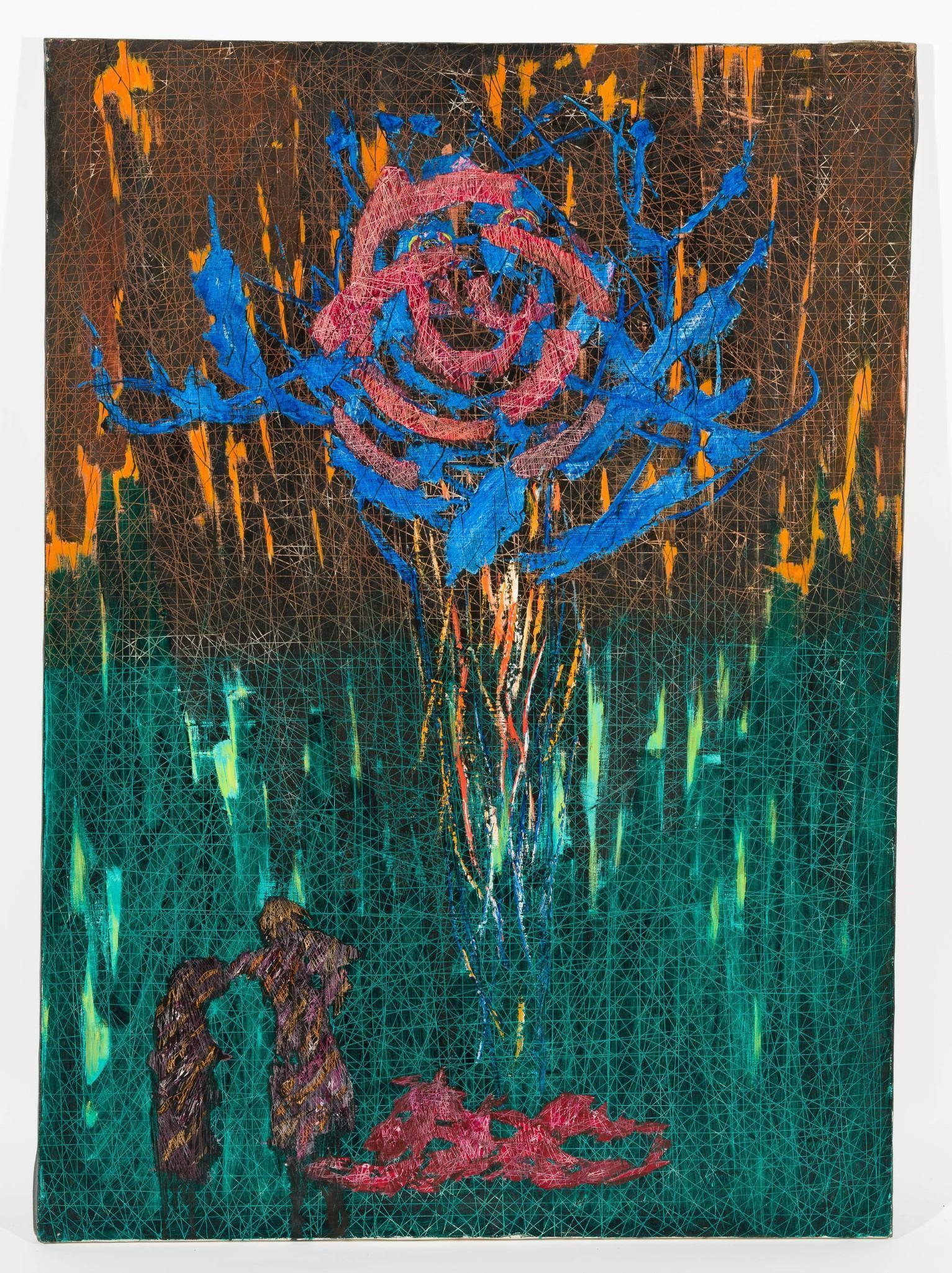The Virus of Job: DESCRIPTION: "The Virus of Job". Revington Arthur (American, 1908-1986). Oil on canvas. Unsigned. MEASUREMENTS: 50" high x 36" wide. CONDITION: Unframed. Scattered losses around edges. MEG Revington A