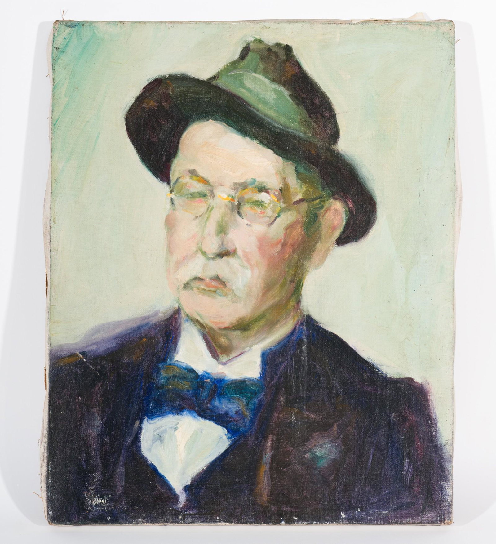 Untitled, Portrait Of A Man With Hat: DESCRIPTION: Untitled, Portrait of a Man with a Hat. Revington Arthur (American, 1908-1986). Oil on canvas.ï¿½Signed on back of canvas. MEASUREMENTS: 20" high by 16" wide. CONDITION: Unframed. Some