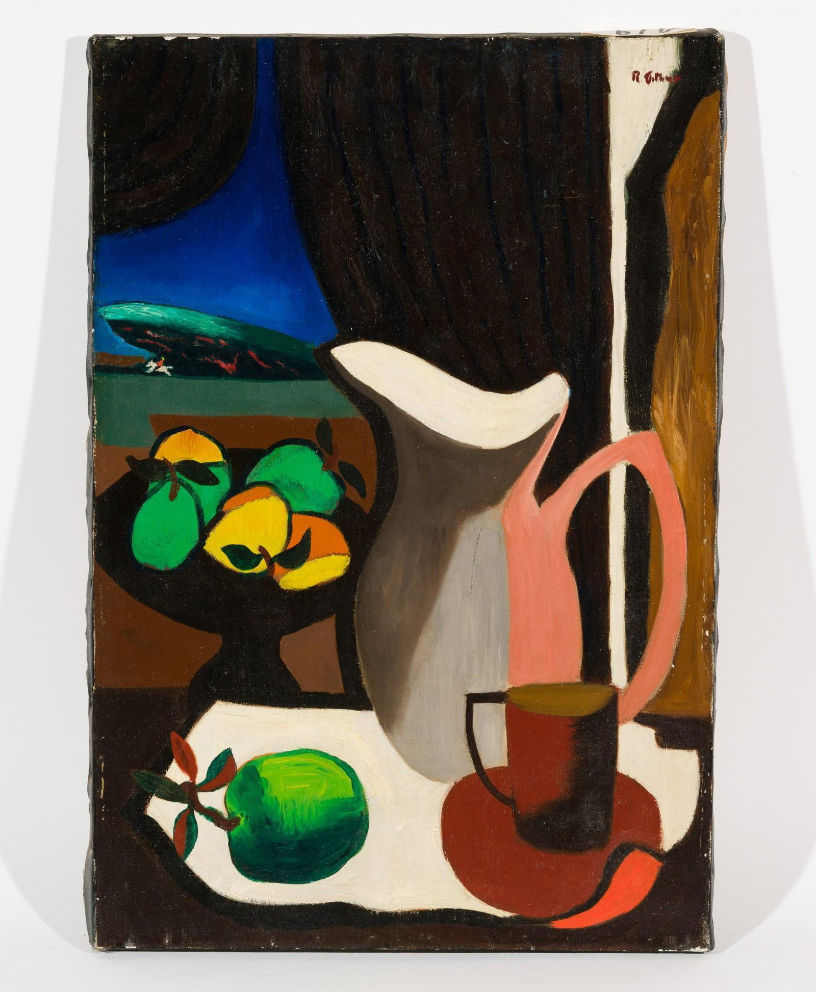 Cubist Still Life: DESCRIPTION: "Cubist Still Life". Revington Arthur (American, 1908-1986). Oil on canvas. Signed upper right. MEASUREMENTS: 16 high x 14 wide. CONDITION: Unframed. Scattered losses to edges. MEG Reving