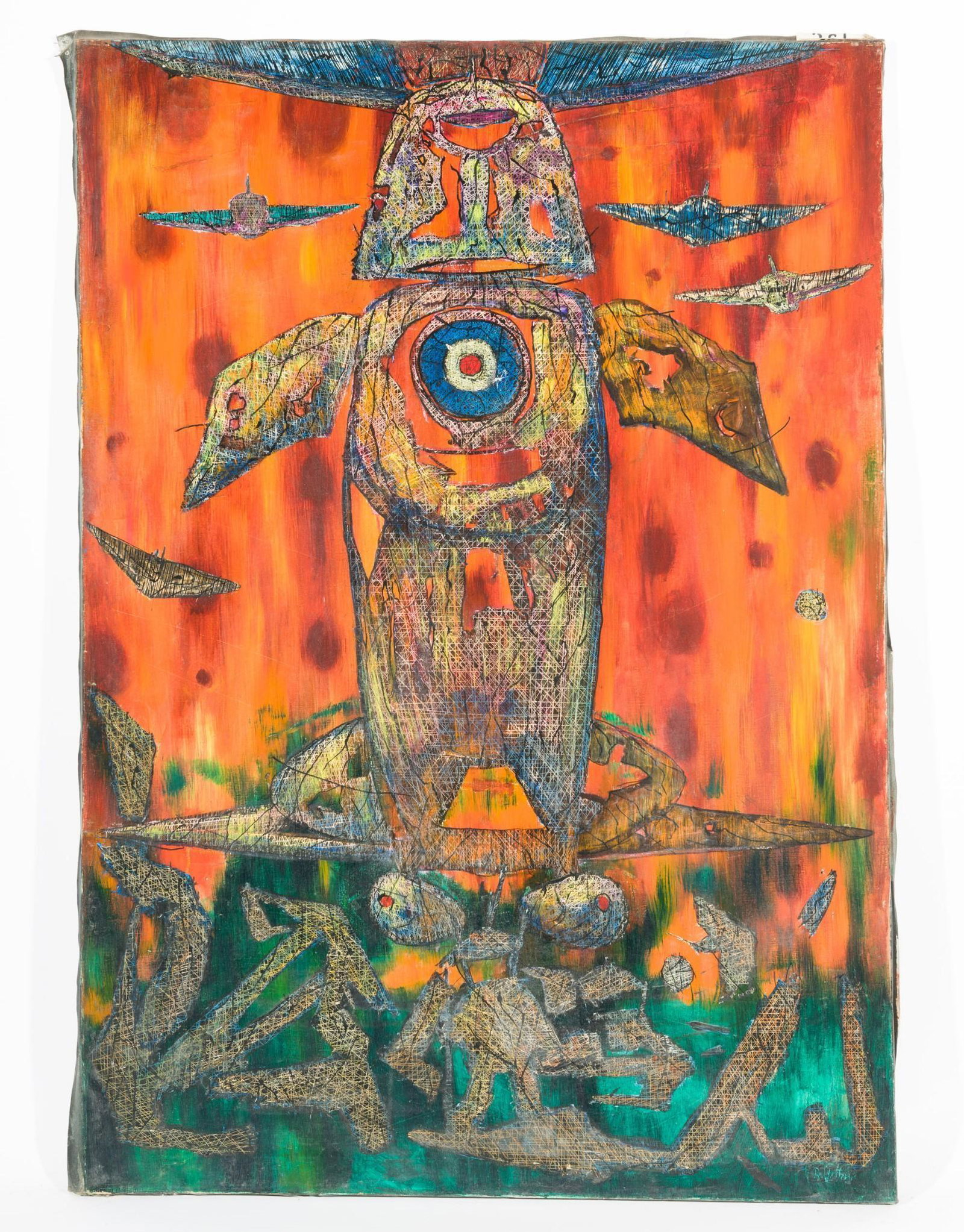 Eye of Destruction, 1963: DESCRIPTION: "Eye of Destruction", 1963. Revington Arthur (American, 1908-1986). Oil on canvas. Signed lower right. MEASUREMENTS: 50" high x 35" wide. CONDITION: Unframed. Scattered losses to edges. M