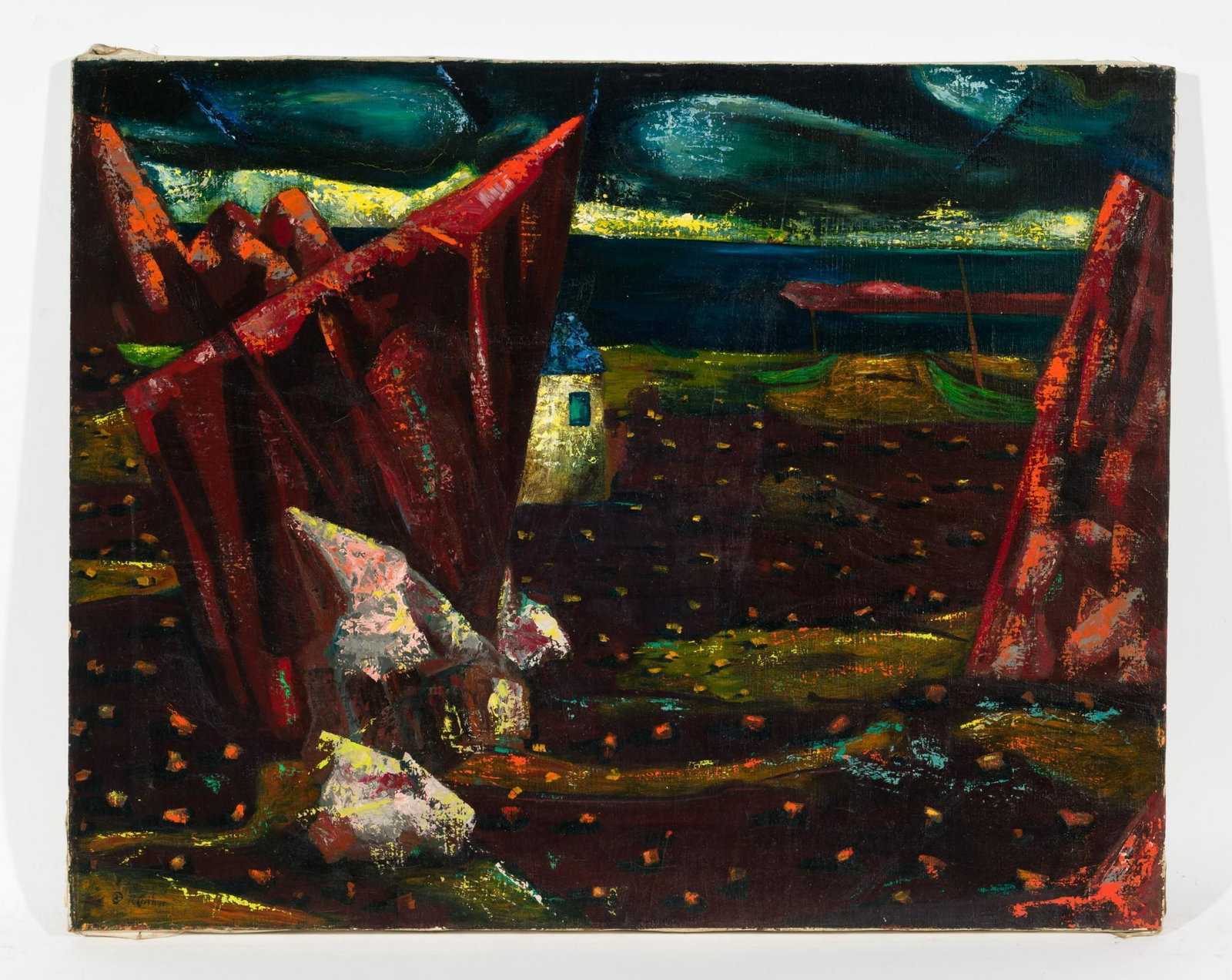 Rocky Beach: DESCRIPTION: "Rocky Beach". Revington Arthur (American, 1908-1986). Oil on canvas. Signed lower left. MEASUREMENTS: 24" high x 30" wide. CONDITION: Unframed. Craquelure and scattered losses to edges. 