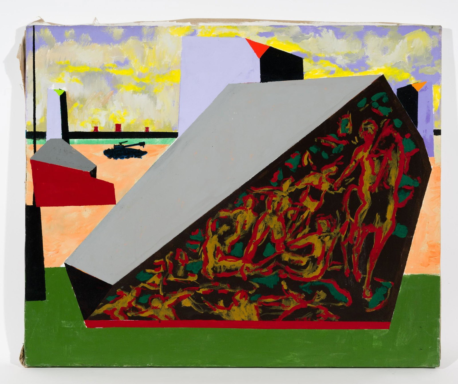 Untitled, Abstract with Tank and Figures: DESCRIPTION: Untitled, Abstract with Tank and Figures. Revington Arthur (American, 1908-1986). Acrylic on canvas. Unsigned. MEASUREMENTS: 36" high x 44" wide. CONDITION: Unframed. Scattered losses to 