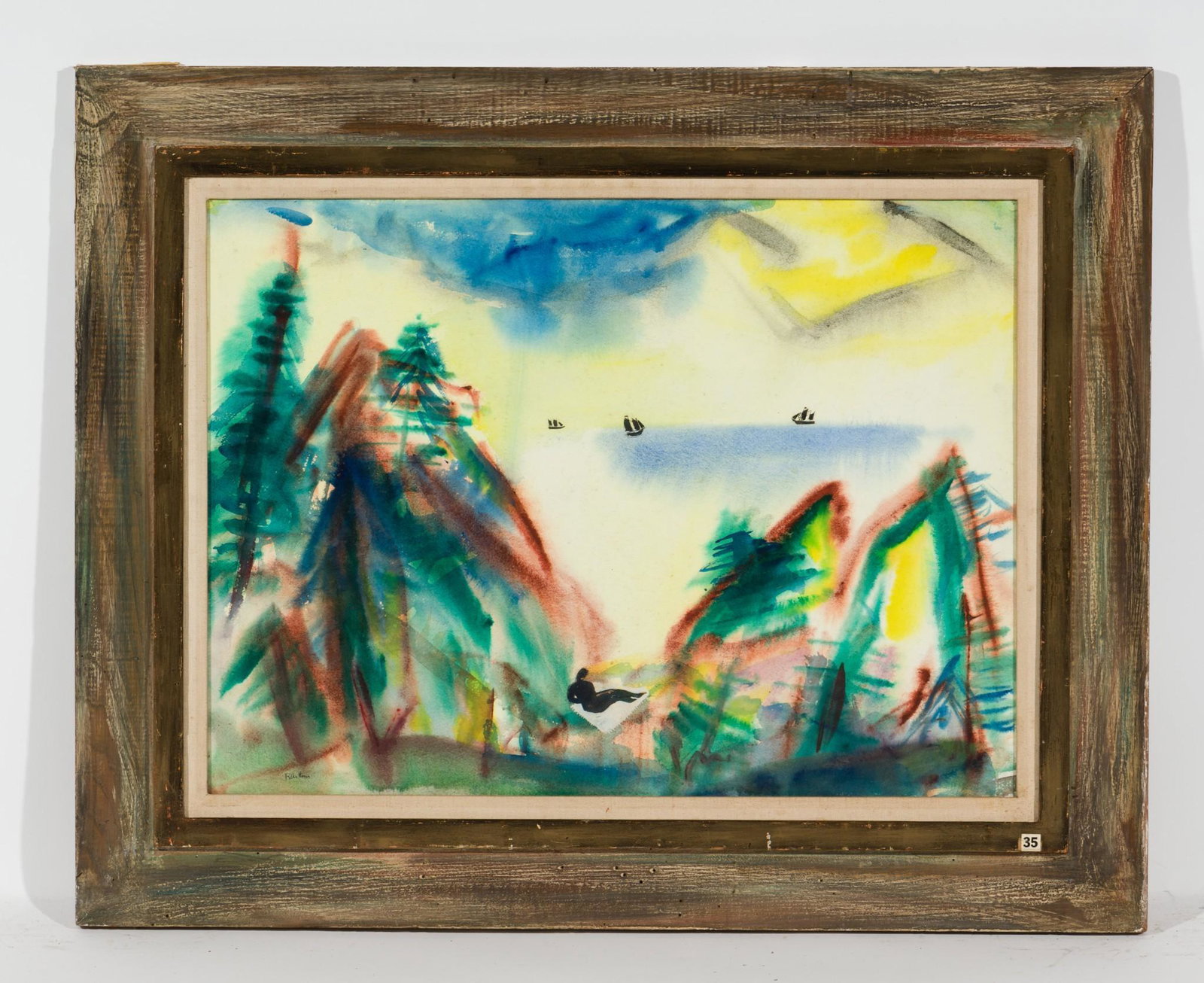 Discovery of America, 1953: DESCRIPTION: "Discovery of America", 1953 Revington Arthur (American, 1908-1986). Watercolor on canvas. Signed lower left. MEASUREMENTS: 22" high by 30" wide . CONDITION: Framed. Losses to frame. AJ R