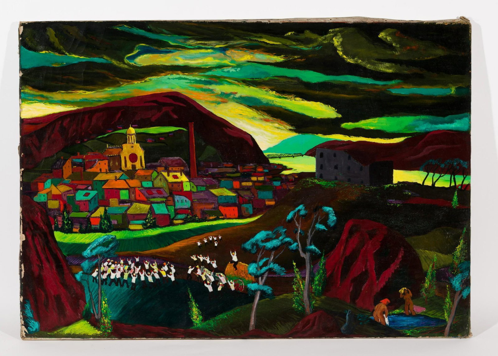 Festival Preparation: DESCRIPTION: "Festival Preparation". Revington Arthur (American, 1908-1986). Oil on canvas. Unsigned. Exhibited: Carnegie Institute "Painting in the U.S." Oct-Dec. MEASUREMENTS: 35" high x 50" wide. C