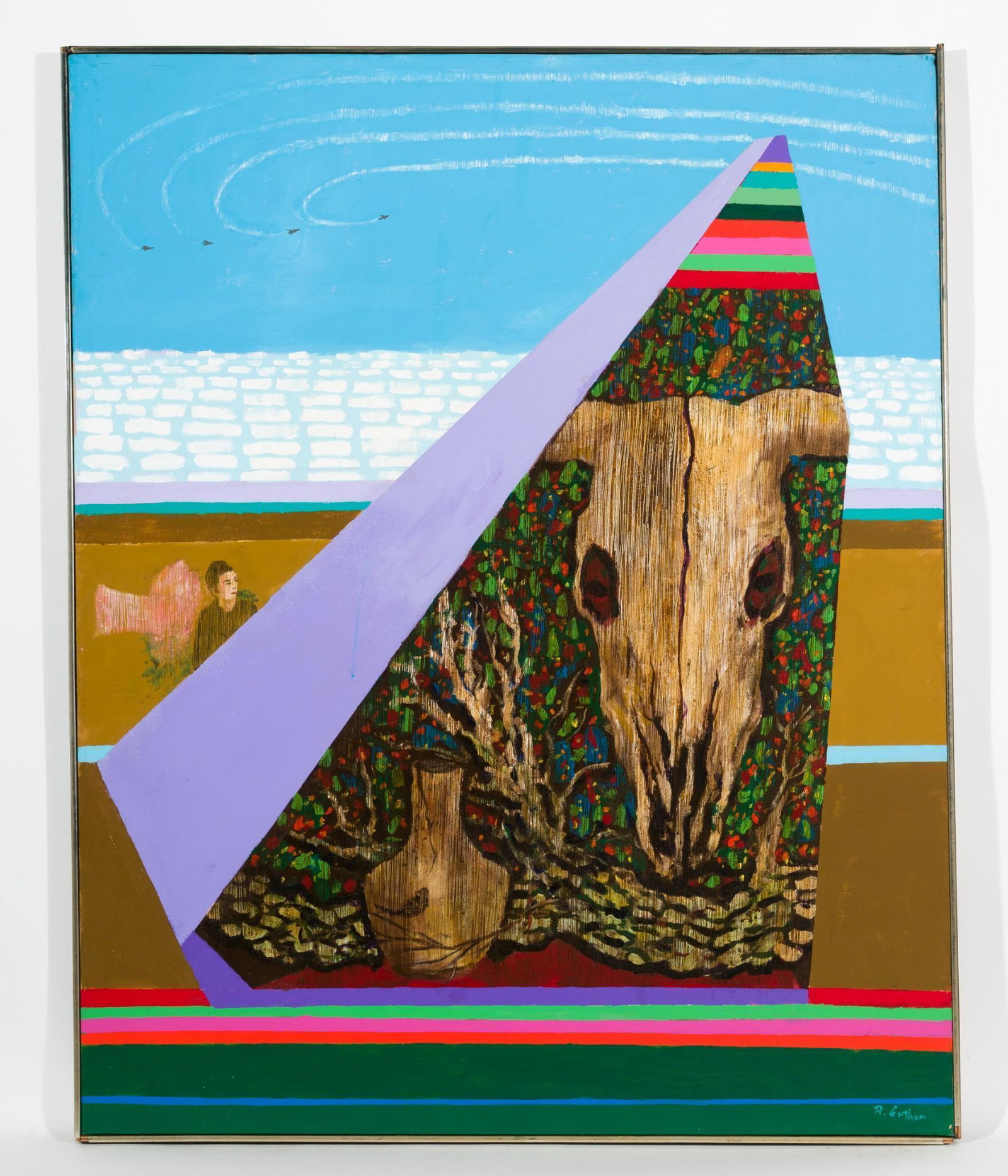 Homage To O'Keefe, 1981: DESCRIPTION: "Homage to O'Keefe", 1981 Revington Arthur (American, 1908-1986). Acrylic on canvas. Signed lower right. MEASUREMENTS: 50" high by 40" wide. CONDITION: Unframed. Light paint loss around e