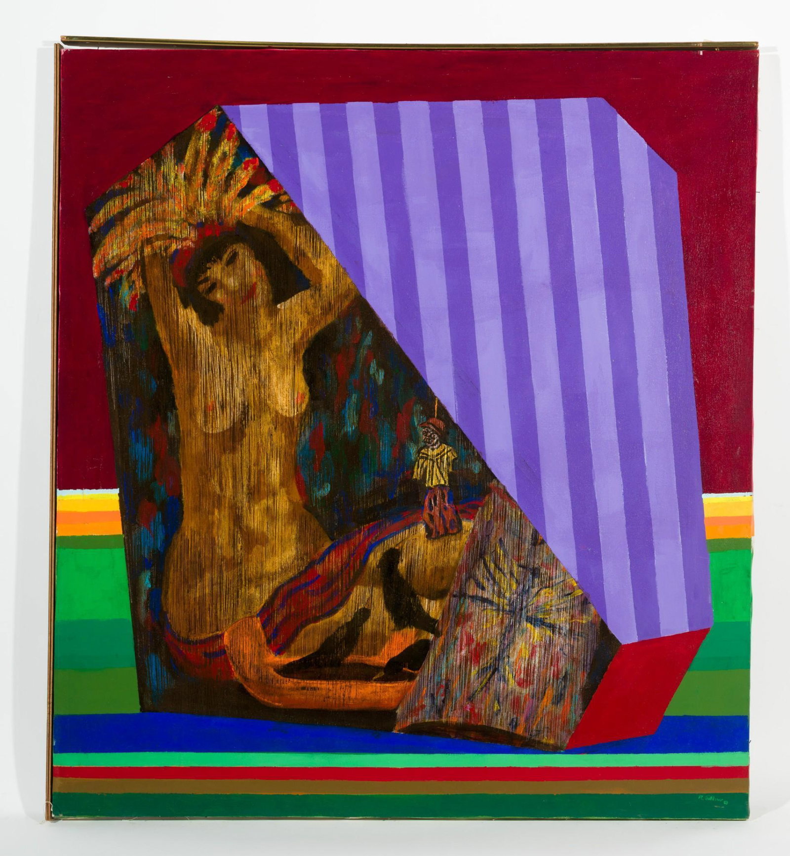Pochantas, 1979: DESCRIPTION: "Pochantas", 1979. Revington Arthur (American, 1908-1986). Acrylic on canvas. Signed lower right. MEASUREMENTS: 40" high x 50" wide. CONDITION: Unframed. Scattered losses around edges. ME
