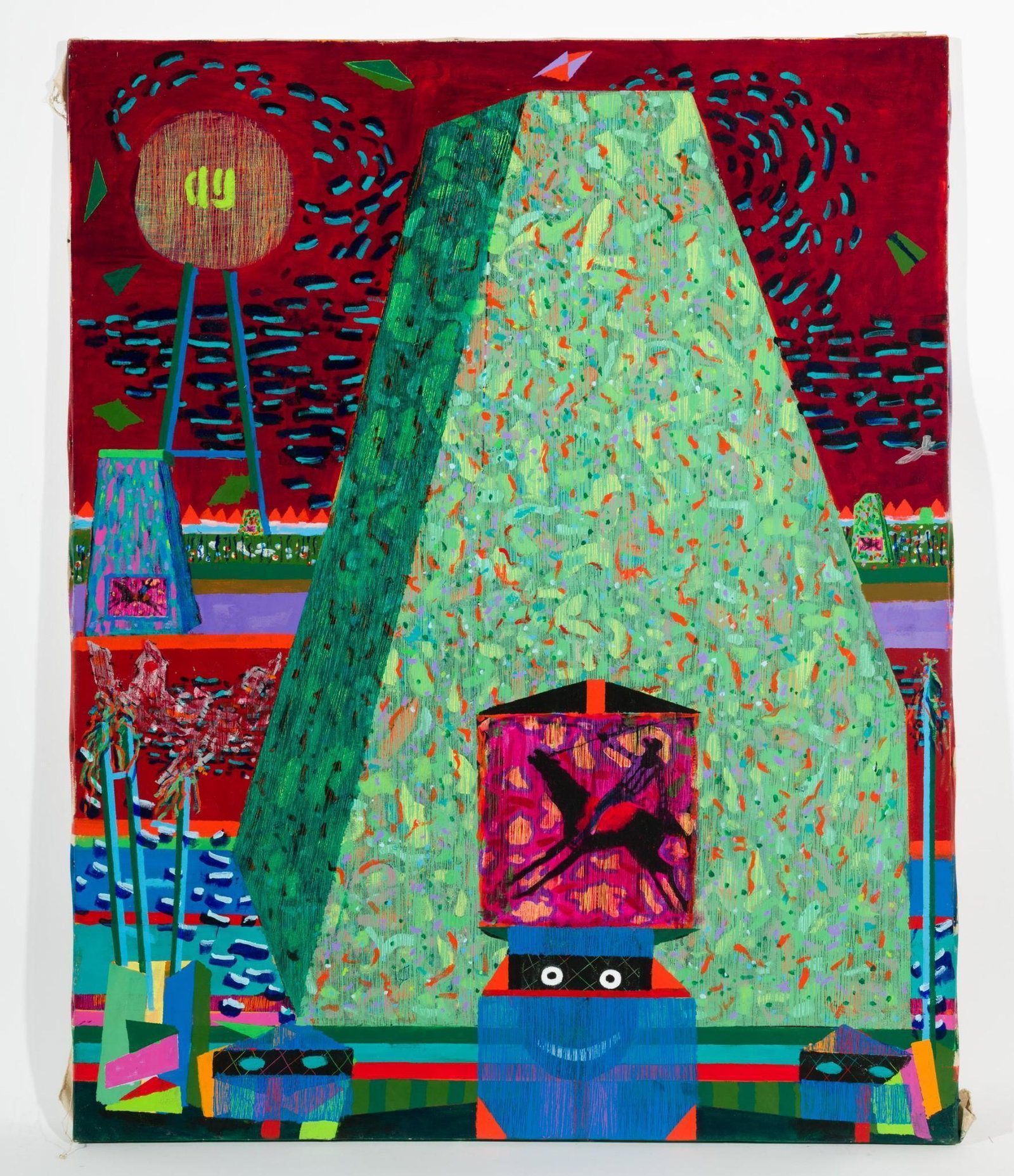 The Last Laugh and the Four Horsemen, 1984: DESCRIPTION: "The Last Laugh and the Four Horsemen", 1984. Revington Arthur (American, 1908-1986). Acrylic on canvas. Unsigned. MEASUREMENTS: 50" high x 40" wide. CONDITION: Unframed. Scattered losses