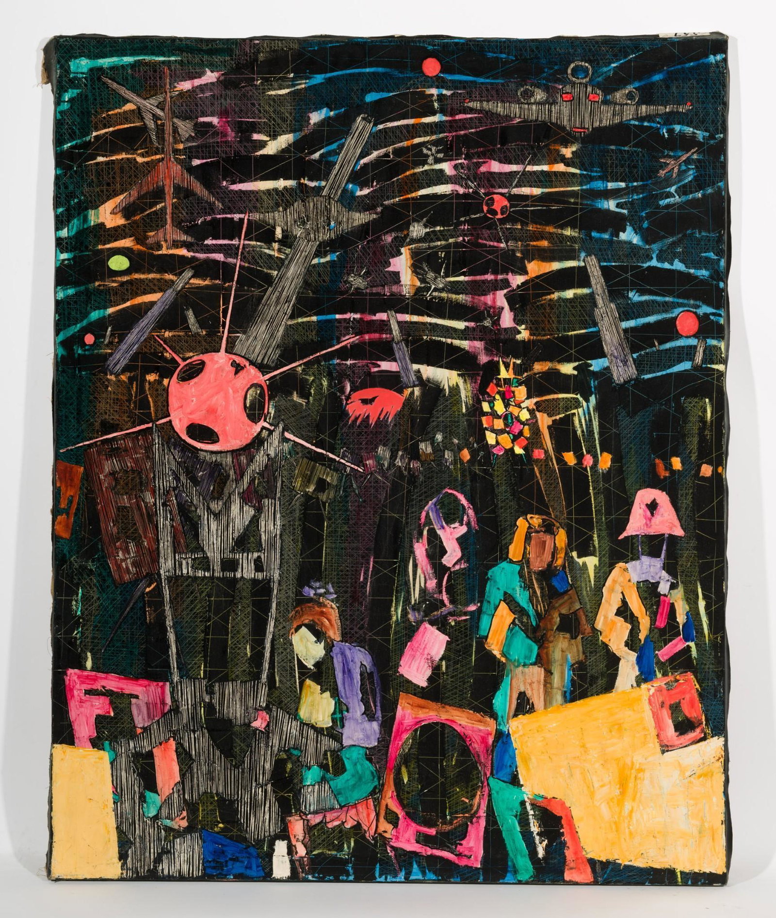 Composition With Sputnik: DESCRIPTION: "Composition with Sputnik." Revington Arthur (American, 1908-1986). Oil on canvas. MEASUREMENTS: 50" high by 40" wide. CONDITION: Unframed. Scuffing and paint loss to edges and corners of