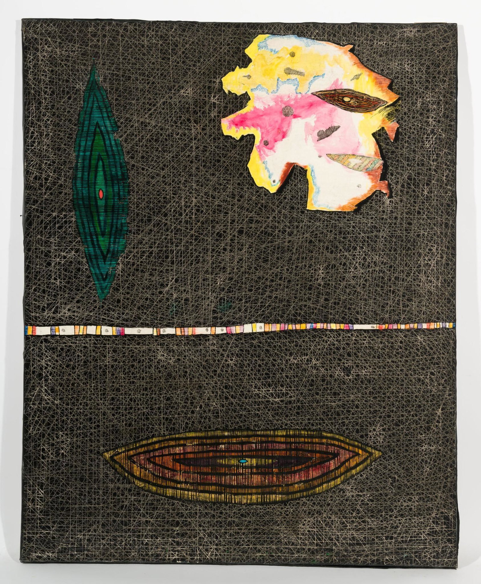 Composition with Pole Strip and Saucers, c.1962: DESCRIPTION: "Composition with Pole Strip and Saucers", c. 1962. Revington Arthur (American, 1908-1986). Oil on canvas. Unsigned. MEASUREMENTS: 50" high x 40" wide. CONDITION: Unframed. Scattered loss