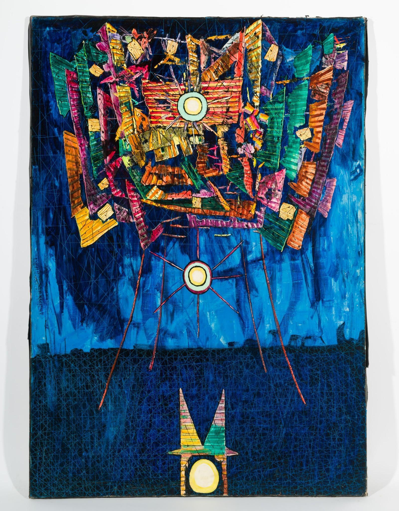Theater in the Sky, 1964-65: DESCRIPTION: "Theater in the Sky", 1964-65. Revington Arthur (American, 1908-1986). Oil on canvas. Unsigned. MEASUREMENTS: 35 high x 50 wide. CONDITION: Unframed. Scattered losses around edges. MEG Re