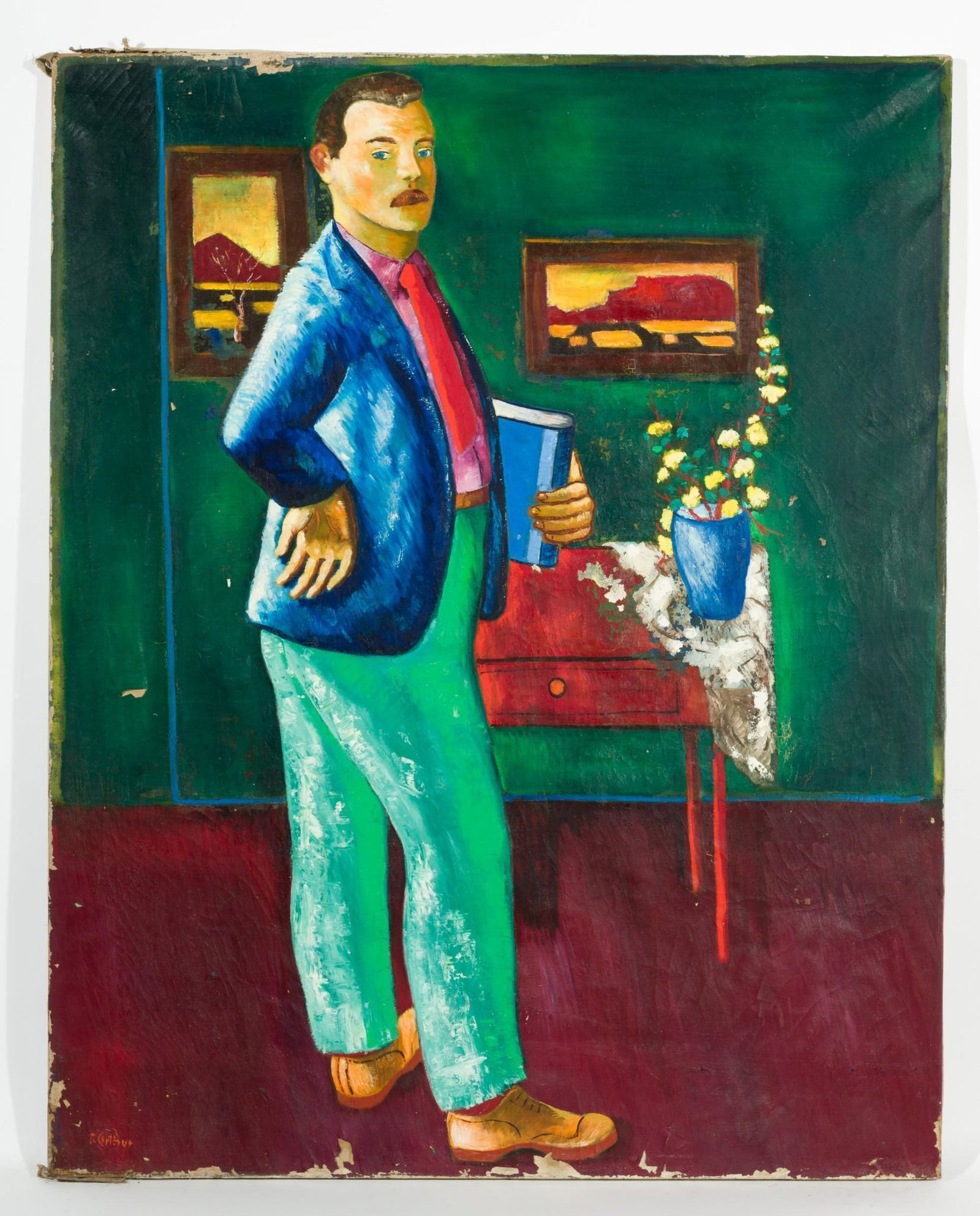 Untitled, Man Standing with Table: DESCRIPTION: Untitled, Man Standing with Table. Revington Arthur (American, 1908-1986). Oil on canvas. Signed lower left. MEASUREMENTS: 50" high x 36" wide. CONDITION: Unframed. Losses to top of canva
