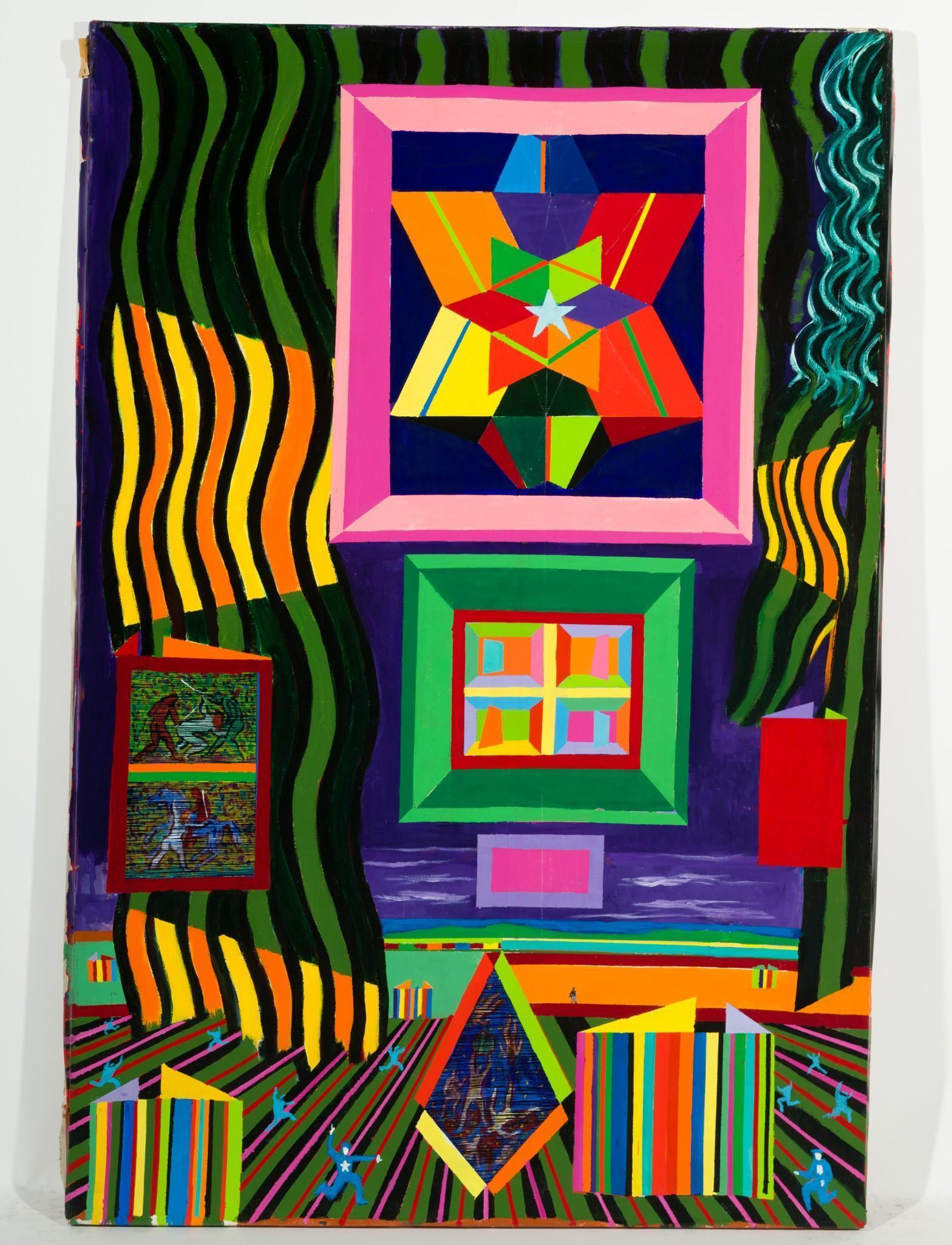 Untitled, Abstract Star And Windows: DESCRIPTION: Untitled, Abstract Star and Windows. Revington Arthur (American, 1908-1986). Acrylic on canvas. Unsigned. MEASUREMENTS: 66" high by 44" wide. CONDITION: Unframed. Light abrasions to edges