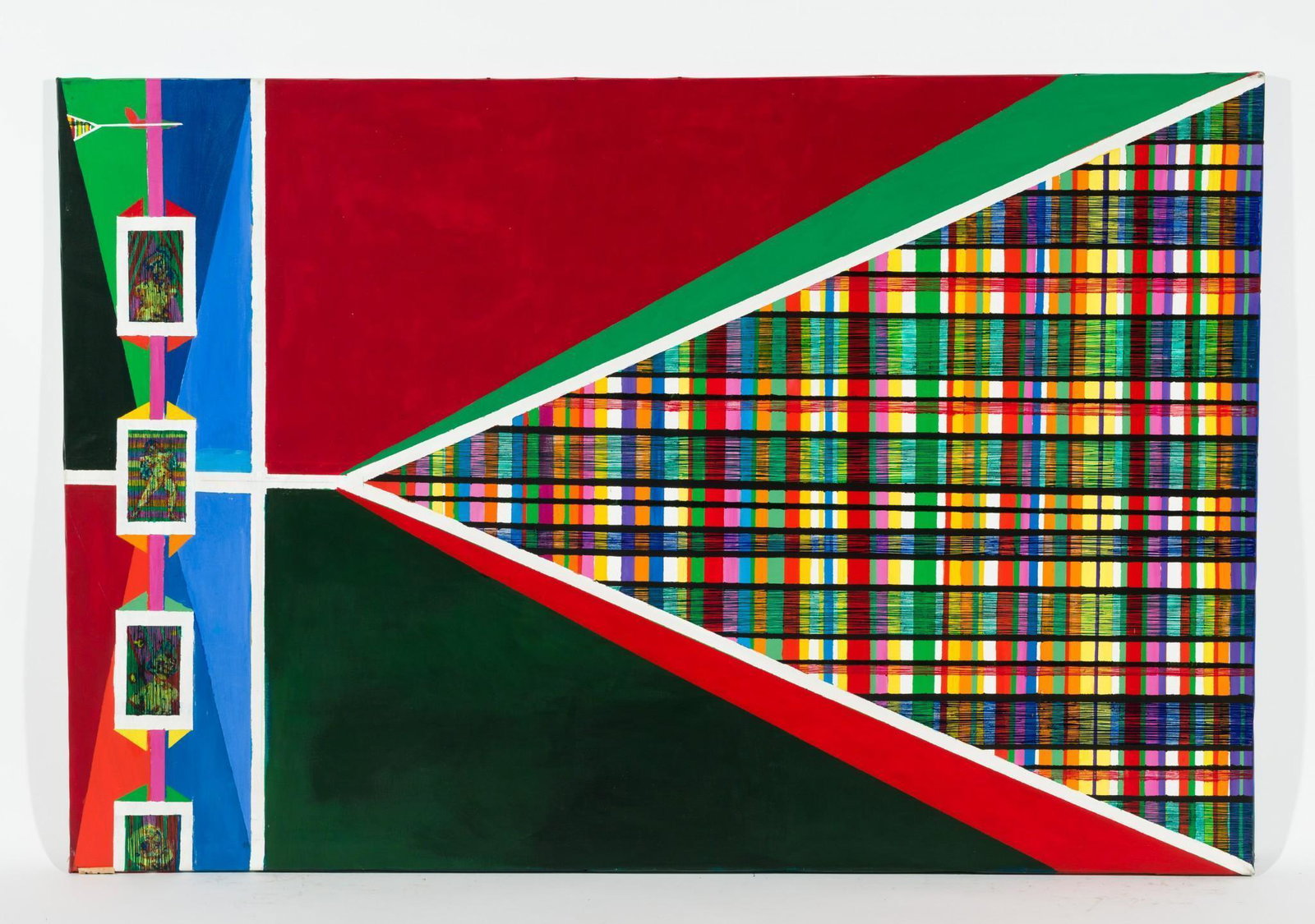 On Flight 4, 1970: DESCRIPTION: "On Flight 4", 1970. Revington Arthur (American, 1908-1986). Acrylic on canvas. Unsigned. MEASUREMENTS: 60" high x 40" wide. CONDITION: Unframed. Scattered losses around the edges. MEG Re