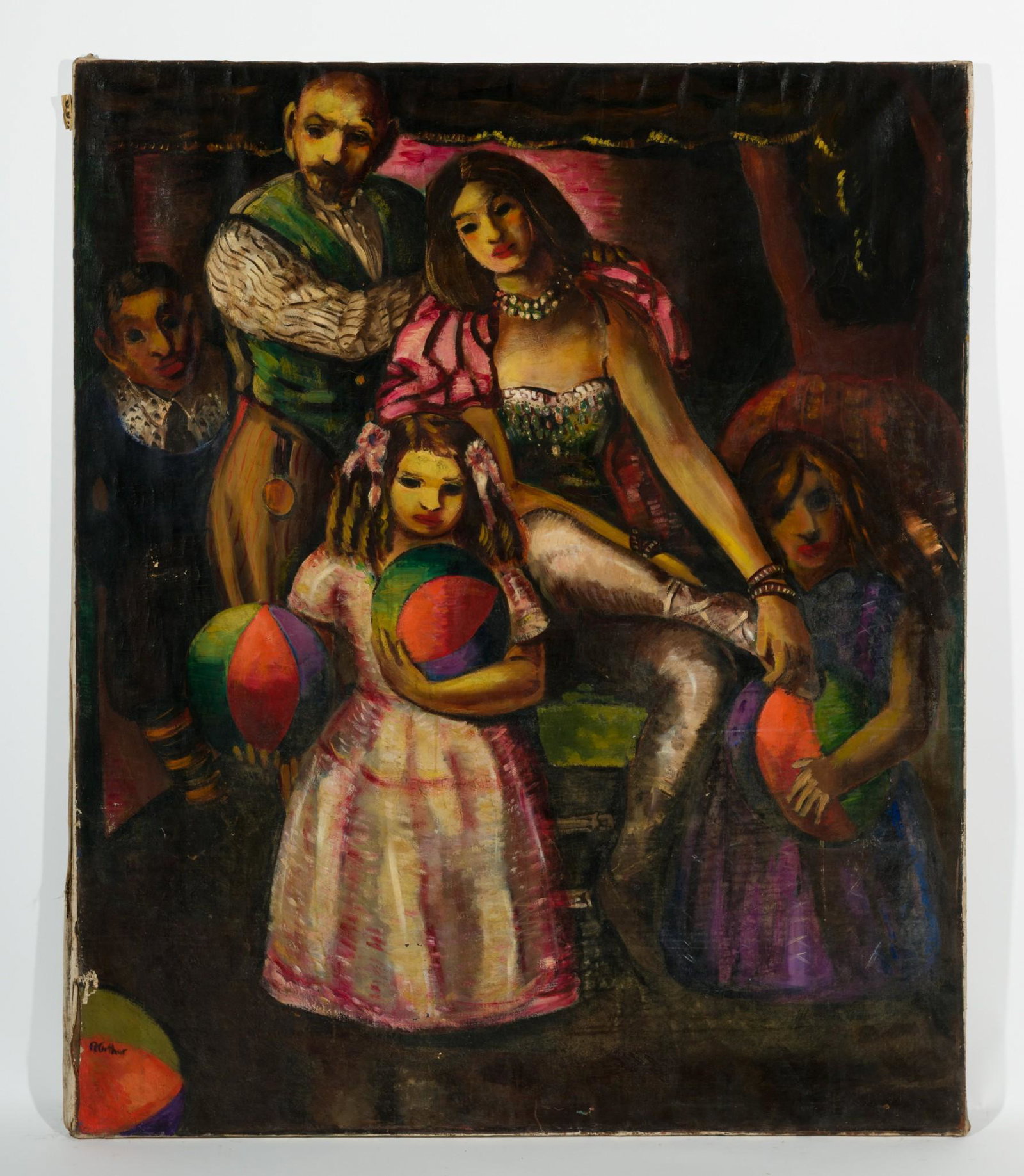 Circus Family With Balls c. 1940: DESCRIPTION: "Circus Family with Balls." Revington Arthur (American, 1908-1986). C.1940. Oil on canvas. Signed lower left. Exhibited at Arnot Art Gallery and Silvermine. Guild. MEASUREMENTS: 60" high 