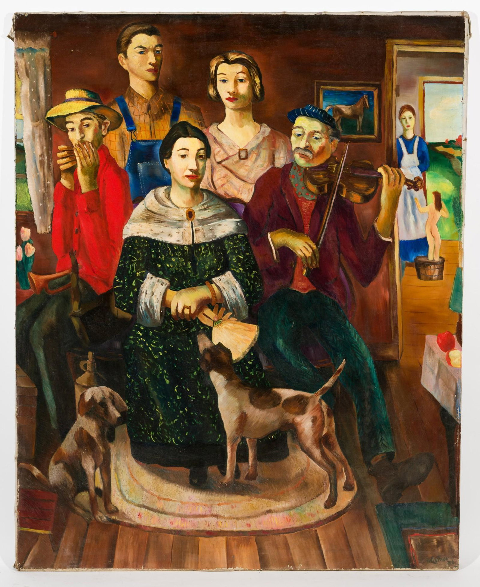 Mountain Family, 1936: DESCRIPTION: "Mountain Family", 1936. Revington Arthur (American, 1908-1986). Oil on canvas. Signed lower right. MEASUREMENTS: 70" high x 56" wide. CONDITION: Unframed. Scattered losses around the edg