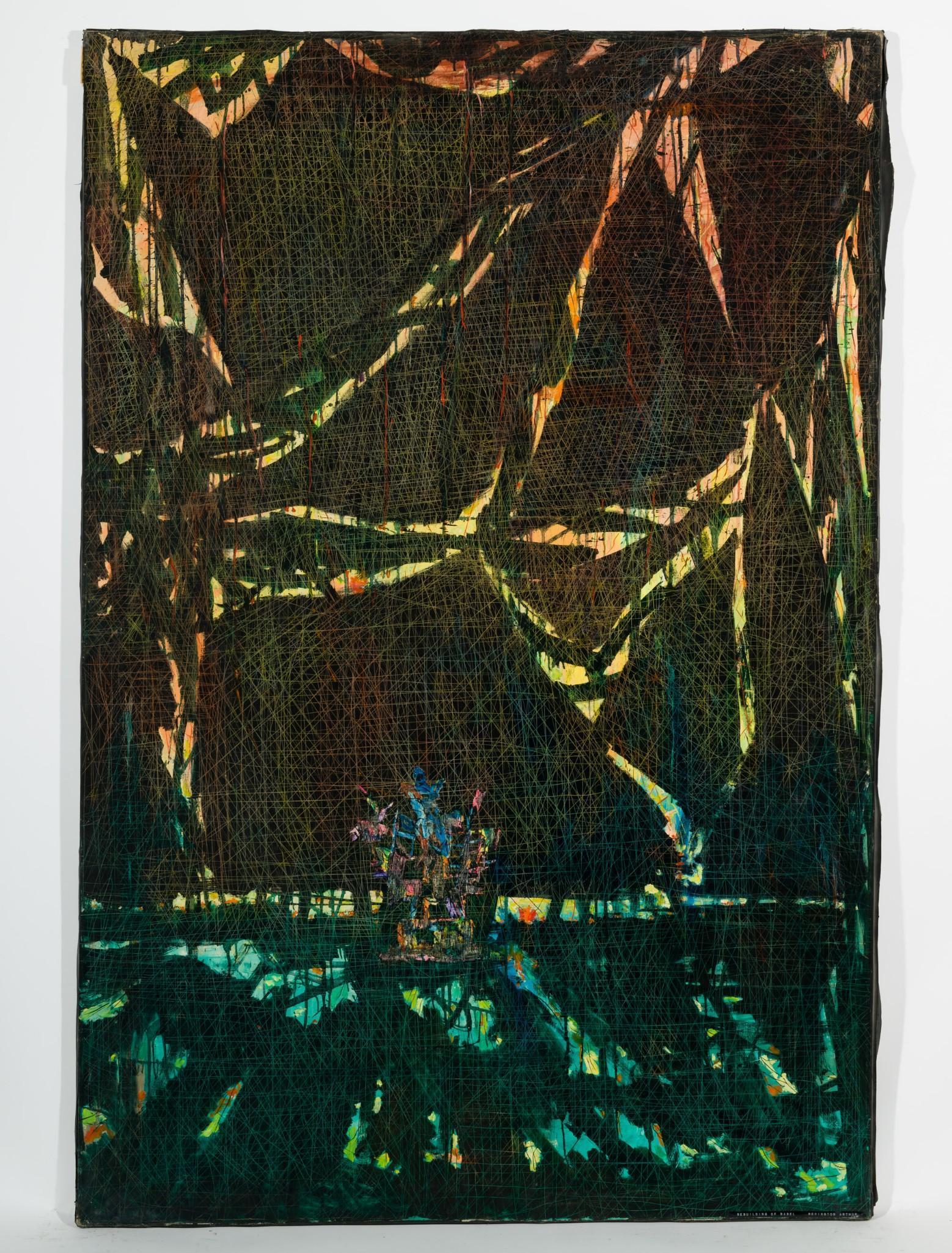 Rebuilding of Babel, 1962: DESCRIPTION: "Rebuilding of Babel." Revington Arthur (American, 1908-1986). 1962. Oil on canvas. Unsigned. MEASUREMENTS: 72" high x 48" wide. CONDITION: Unframed. Abrasions to edges. AJ Revington Arth