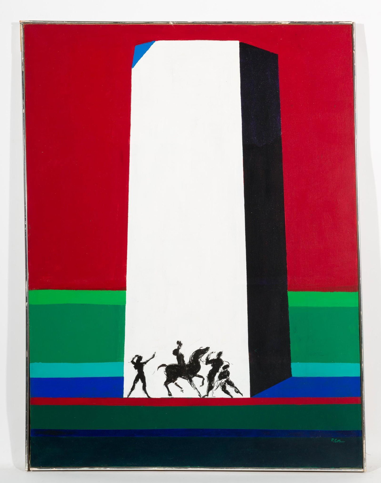 Composition, 1976: DESCRIPTION: "Composition. "Revington Arthur (American, 1908-1986). 1976. Oil on canvas. Signed bottom right. MEASUREMENTS: 48" high x 36" wide. CONDITION: Unframed. Light abrasions and paint loss to 