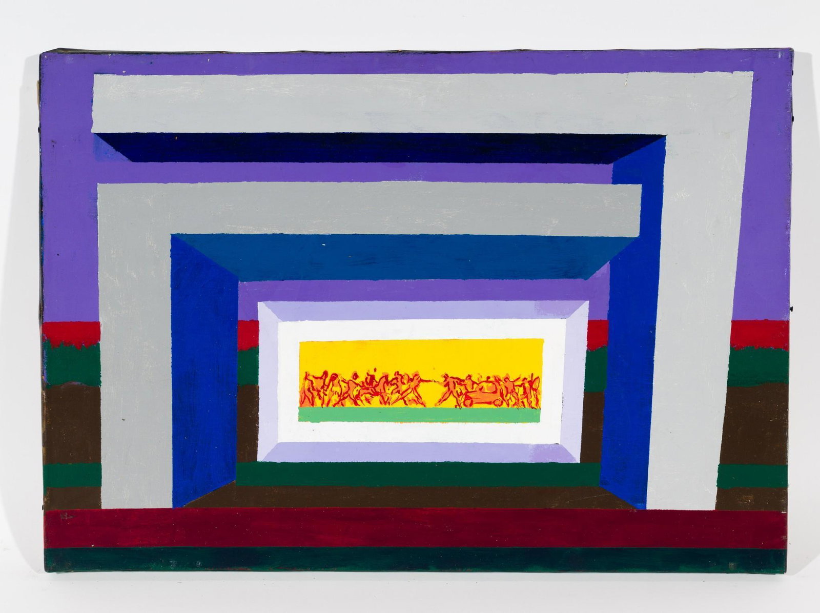 Moment in History: DESCRIPTION: "Moment in History". Revington Arthur (American, 1908-1986). Acrylic on canvas. Unsigned. MEASUREMENTS: 19" high x 27" wide. CONDITION: Unframed. Scattered losses to edges. MEG Revington 