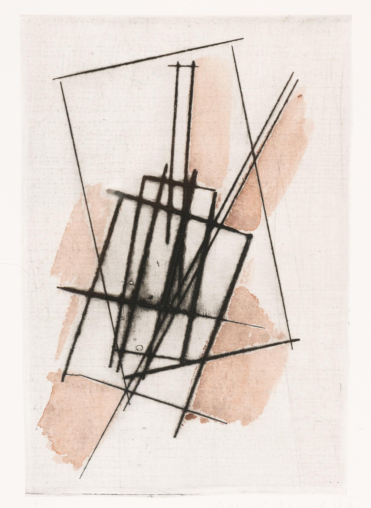 Oleg Kudryashov (B. 1932, Russian): DESCRIPTION: Composition Plate No. 9. Oleg Kudryashov (B. 1932, Russian). Drypoint and watercolor on wove paper. Signed and dated in pencil to lower right, marked 2/3 and titled to lower left. In mode