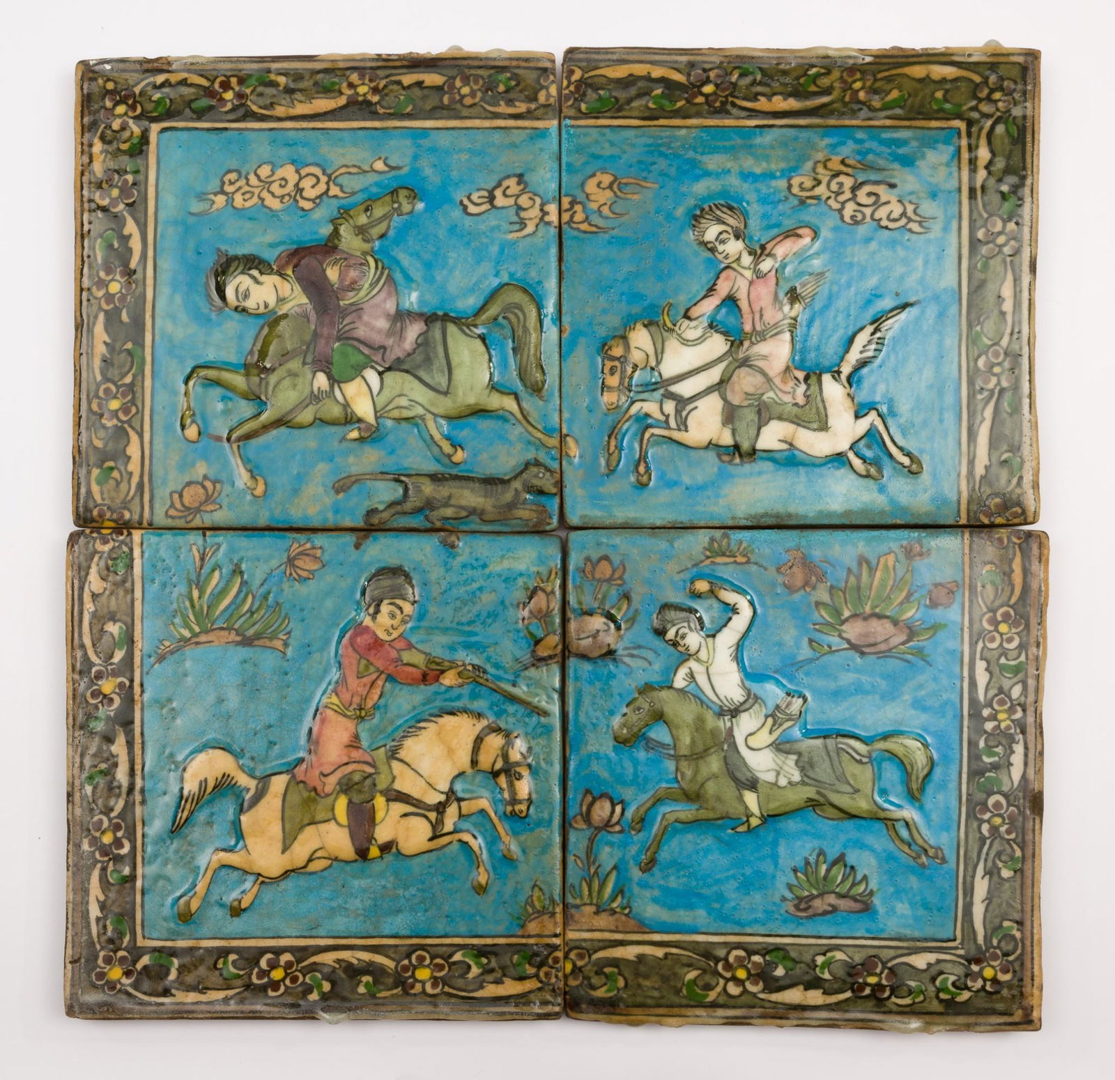 Four Persian Iznik Pottery Tiles of Horses and Riders (1 of 5)