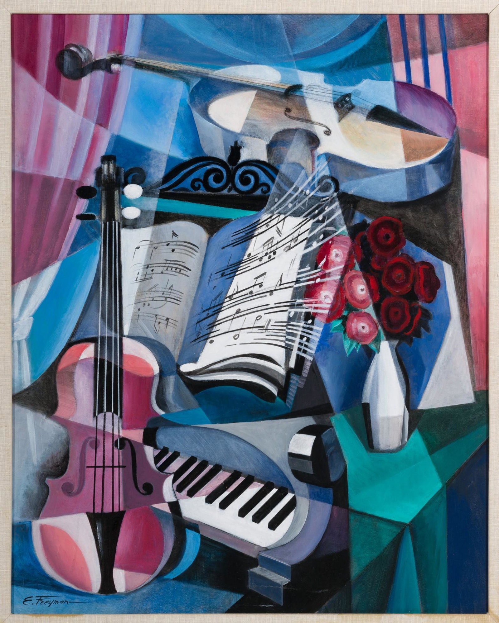 Eric Freyman (New York, 1932-2018): DESCRIPTION: Eric Freyman (New York, 1932-2018). Sonata. Acrylic on canvas. 1997. Signed lower left. In carved and painted frame. MEASUREMENTS: 29-1/4" high by 23-1/4" wide in 3" wide frame. CONDITION