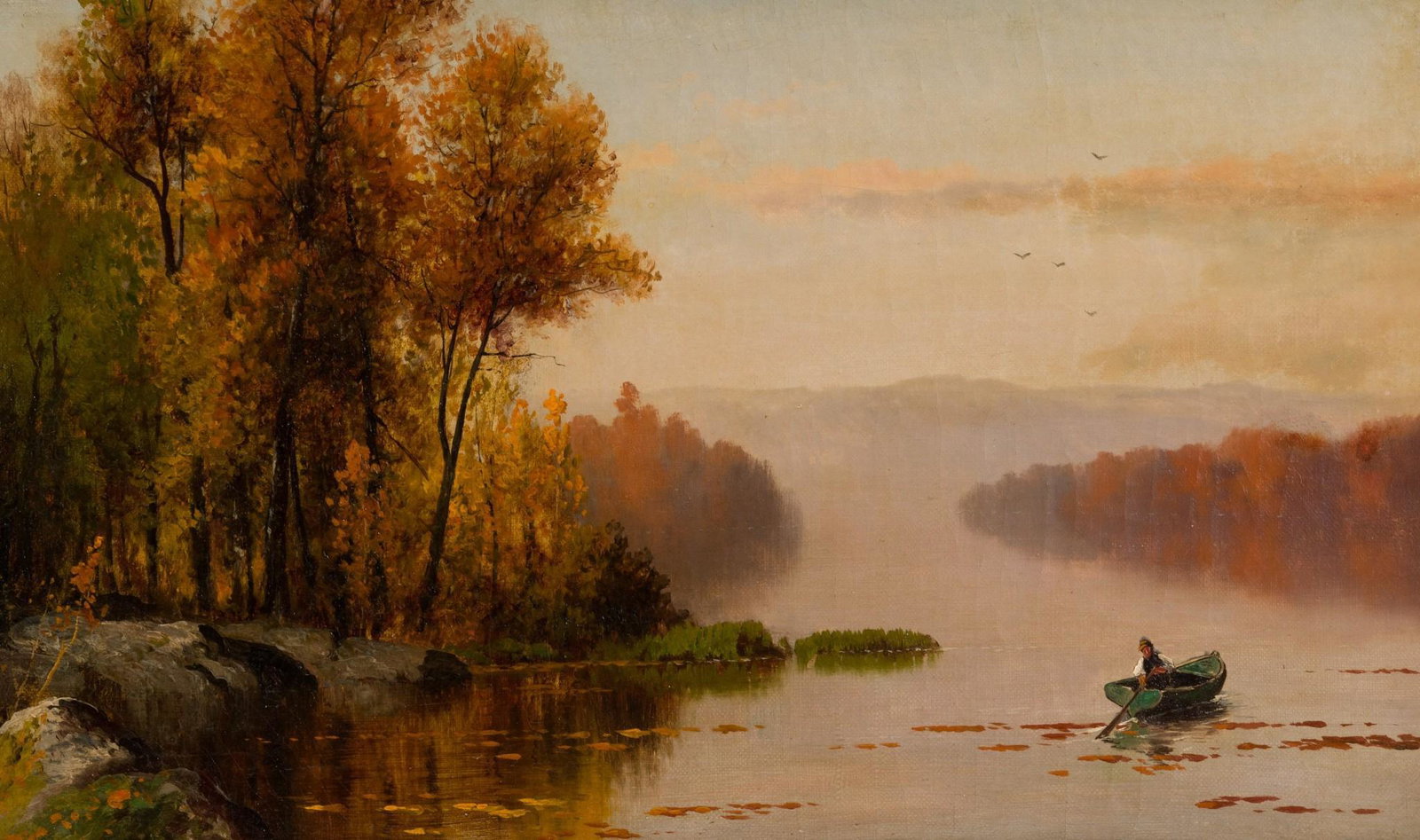 American School 19th Century: DESCRIPTION: Autumn landscape with rowboat. Oil on canvas. Unsigned. In carved and gilt frame. MEASUREMENTS: 11-1/2" high x 19-1/2" wide; frame 3-3/4" wide. CONDITION: Craquelure. Light scuffing and w