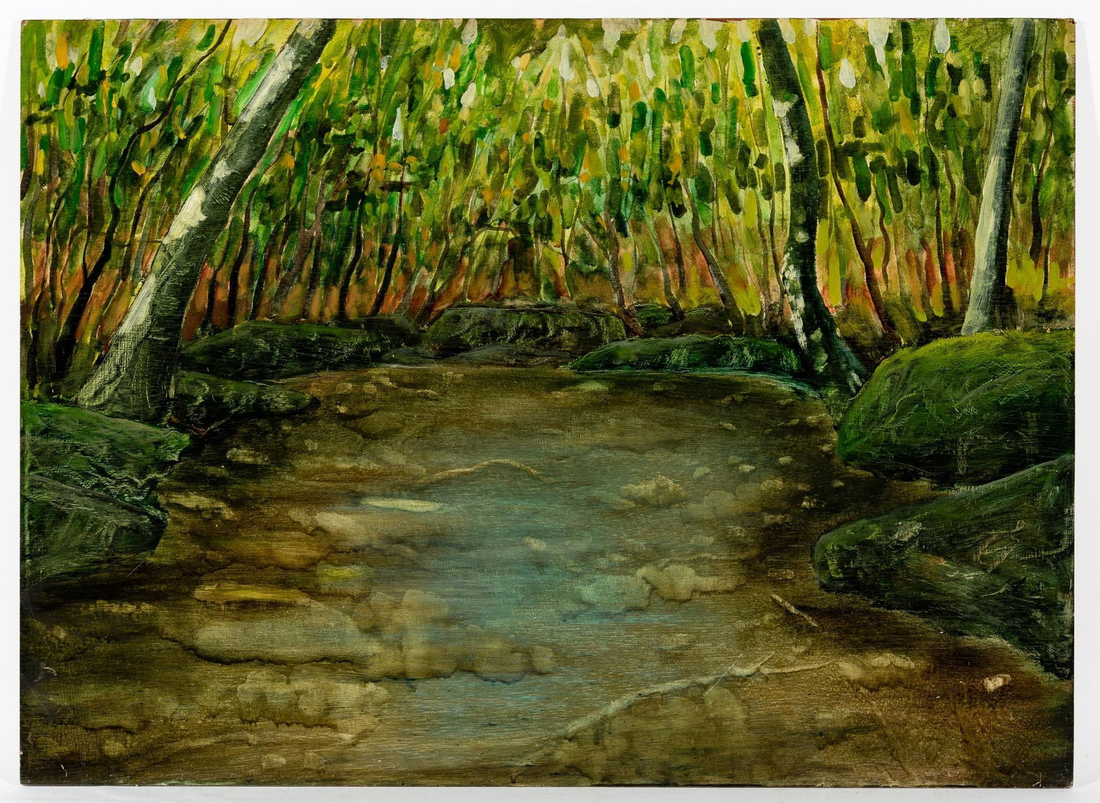 Greg Stuller (Pennsylvania, 20th Century): Greg Stuller (Pennsylvania, 20th Century). Oil on wood. Landscape. Signed G. Stuller on reverse. Not framed. Greg Stuller is a Pennsylvania artist and former teacher at the Art Association of Harrisbu
