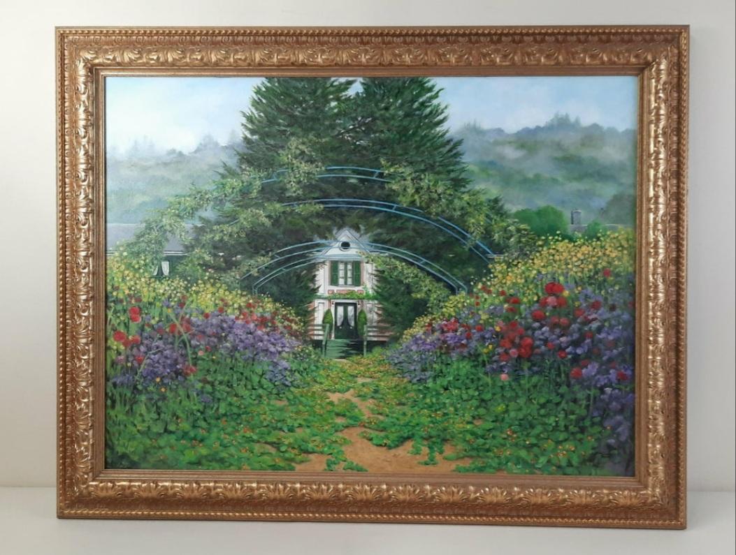 Jan Cassel Garden Painting: Monet style. Central PA artist. Overall with frame 38" high x 47" wide. IMPORTANT: Before bidding, please read the terms and conditions. When you registered for the auction you agreed to these terms a