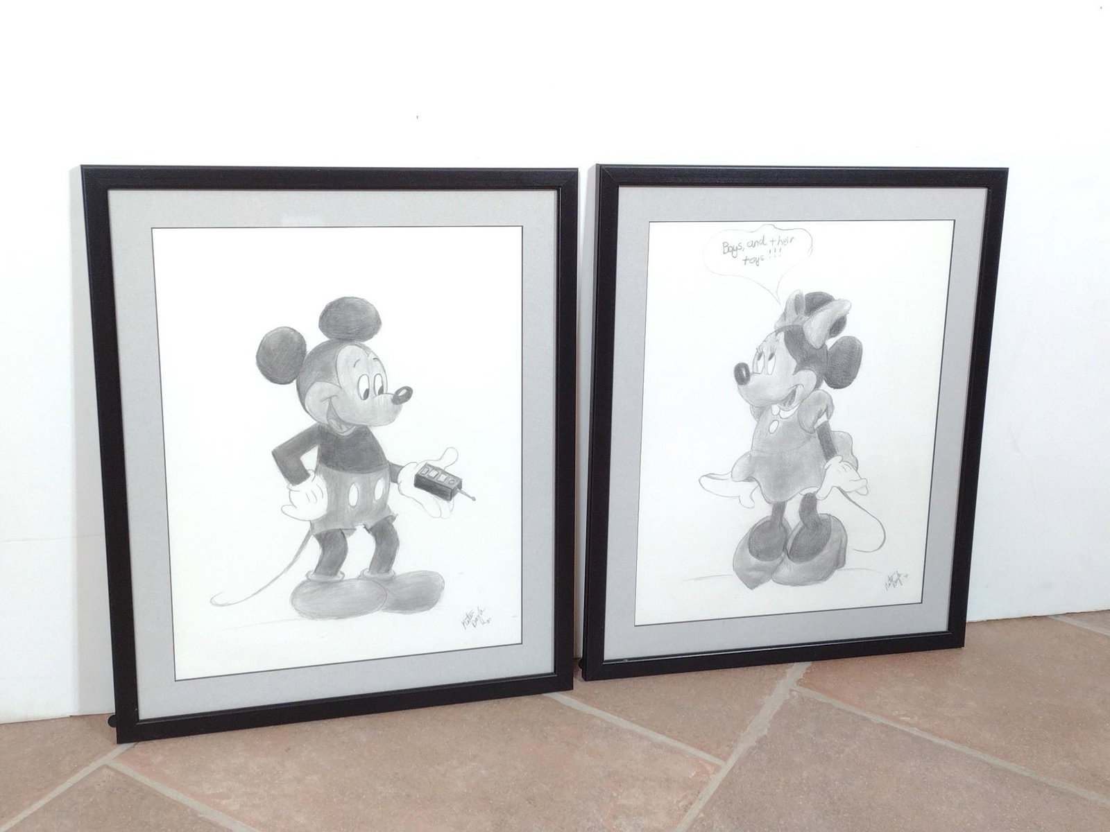 Signed Sketch Of Mickey & Minnie Mouse: Overall with frames 20" high X 16-1/2" wide each. To be sold from location in Mechanicsburg, PA. Address to be provided to winning bidder for pick up by appointment. MG. IMPORTANT: Before bidding, ple