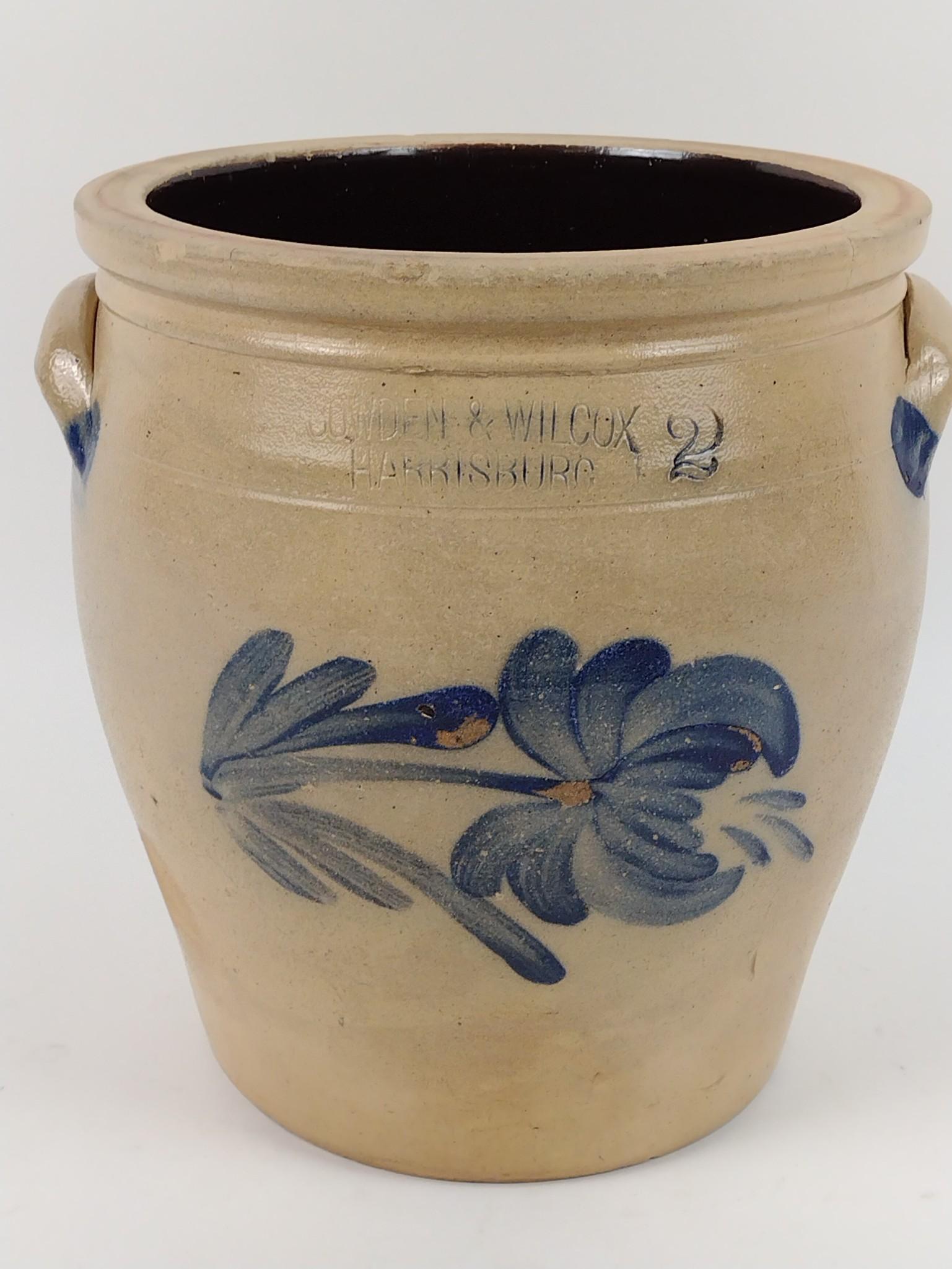 Cowden & Wilcox Harrisburg PA Crock: 10" diameter x10-1/2" high. Loss to paint on front, chips around top rim, 2 hairline cracks. JB IMPORTANT: Before bidding, please read the terms and conditions. When you registered for the auction you