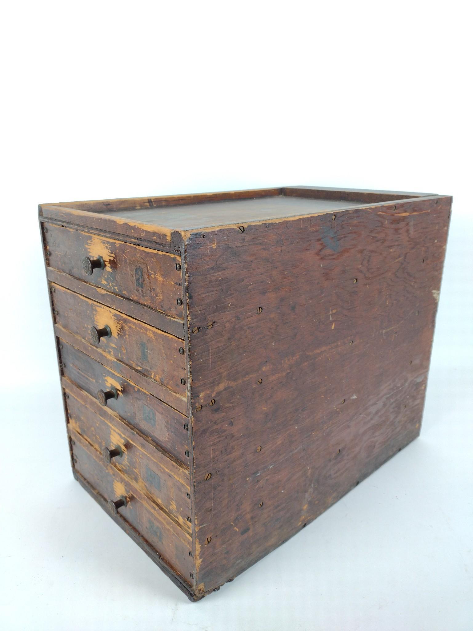 Antique 5 Drawer Chest: 11" wide x 18" deep x 15" high. Some wear consistent with age and use. JB IMPORTANT: Before bidding, please read the terms and conditions. When you registered for the auction you agreed to these terms