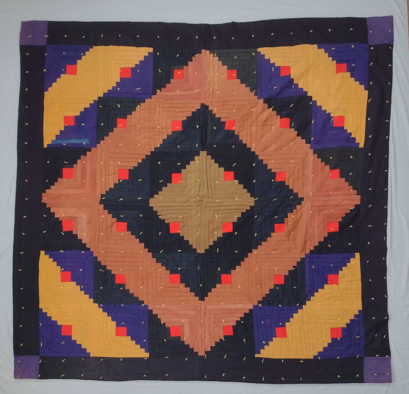Quilt: 6' 6" wide X 6' 6" long. Some staining on the back. Tag: Quilt Project. Carroll Co. Historical Society-1990. IMPORTANT: Before bidding, please read the terms and conditions. When you registered for th