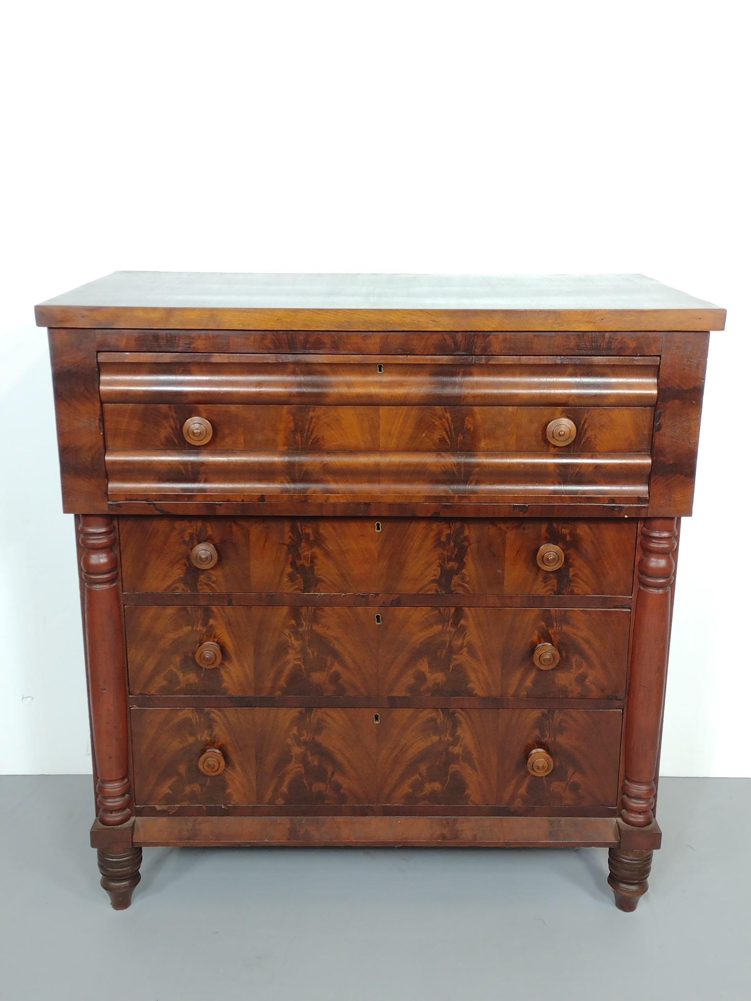 Empire Chest of Drawers: 43" wide X 22-1/2" deep X 46-1/4" high. Has some light scratches. Has a few small areas of veneer loss. MG. IMPORTANT: Before bidding, please read the terms and conditions. When you registered for the