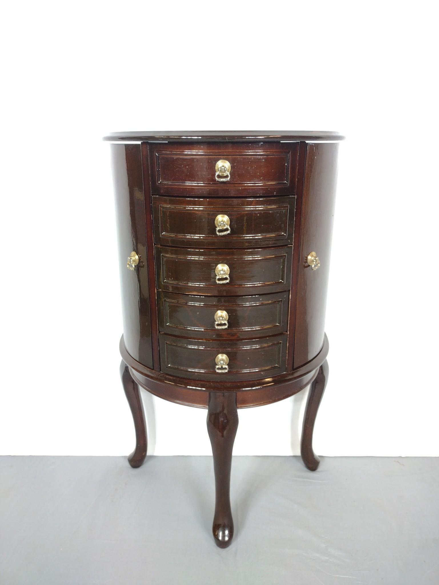 Jewelry Chest: 18-1/2" wide X 11" deep X 32-1/4" high. Has some scratches. No manufactures name found. MG. IMPORTANT: Before bidding, please read the terms and conditions. When you registered for the auction you agr