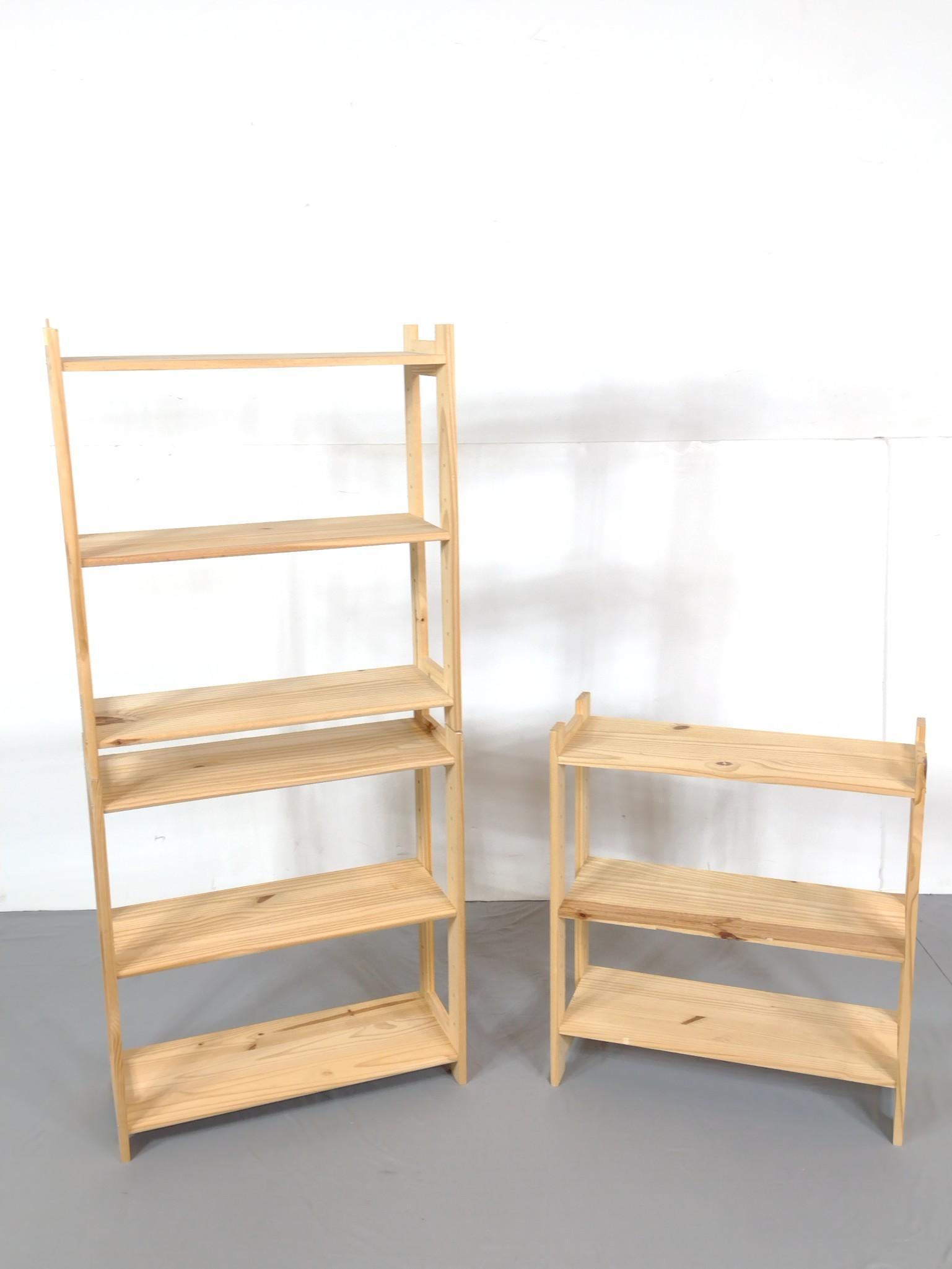 Stackable Pine Shelves: 27" wide X 10-1/2" deep X 30" high. Overall 90" high. No manufactures name found. MG. IMPORTANT: Before bidding, please read the terms and conditions. When you registered for the auction you agreed to