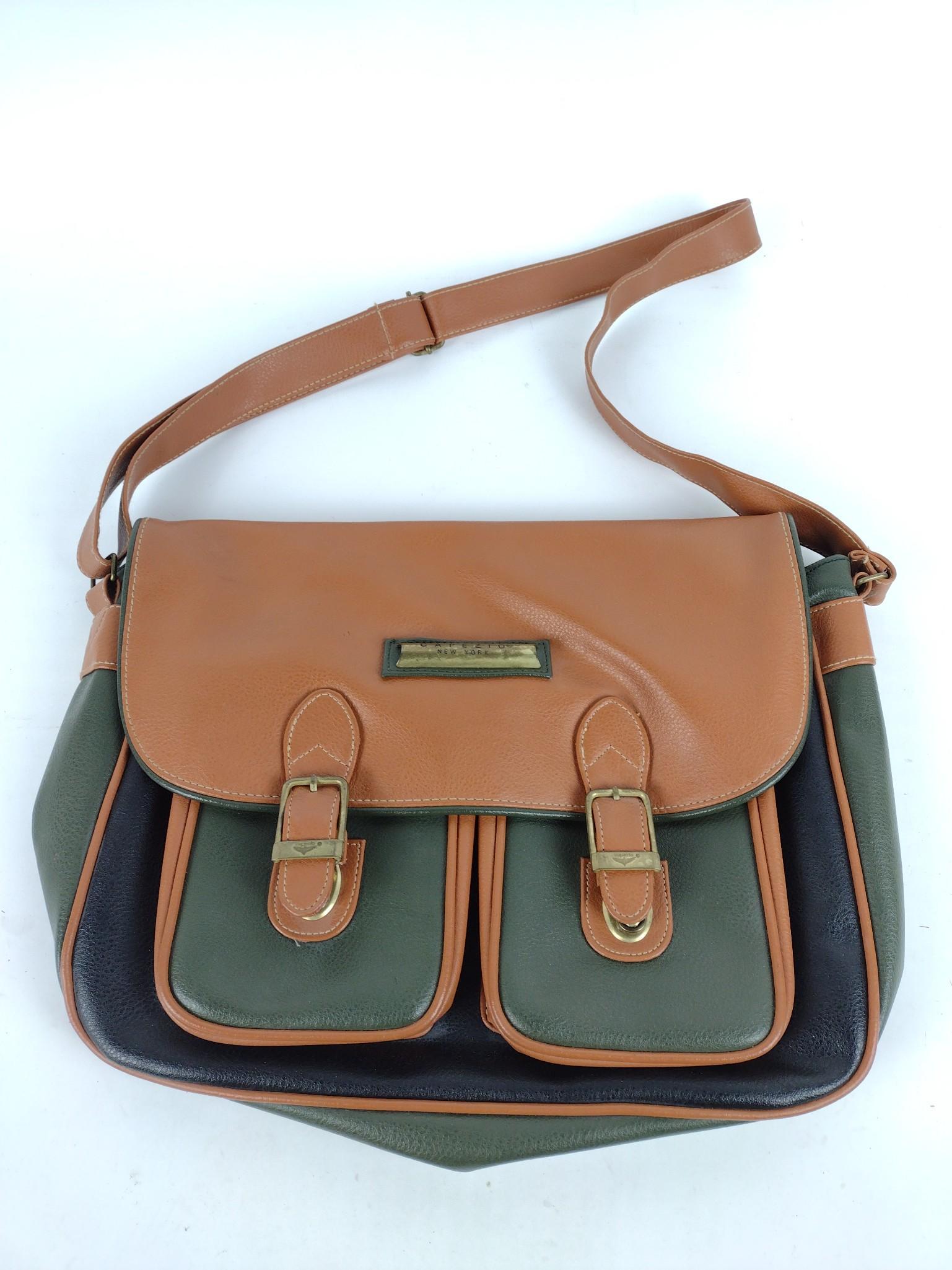 Vintage Capezio Satchel Bag: 16" wide x 3" deep x 12" high. Brown, green and black. Some ball point pen marks to interior and one on faux leather pocket. JB IMPORTANT: Before bidding, please read the terms and conditions. When yo