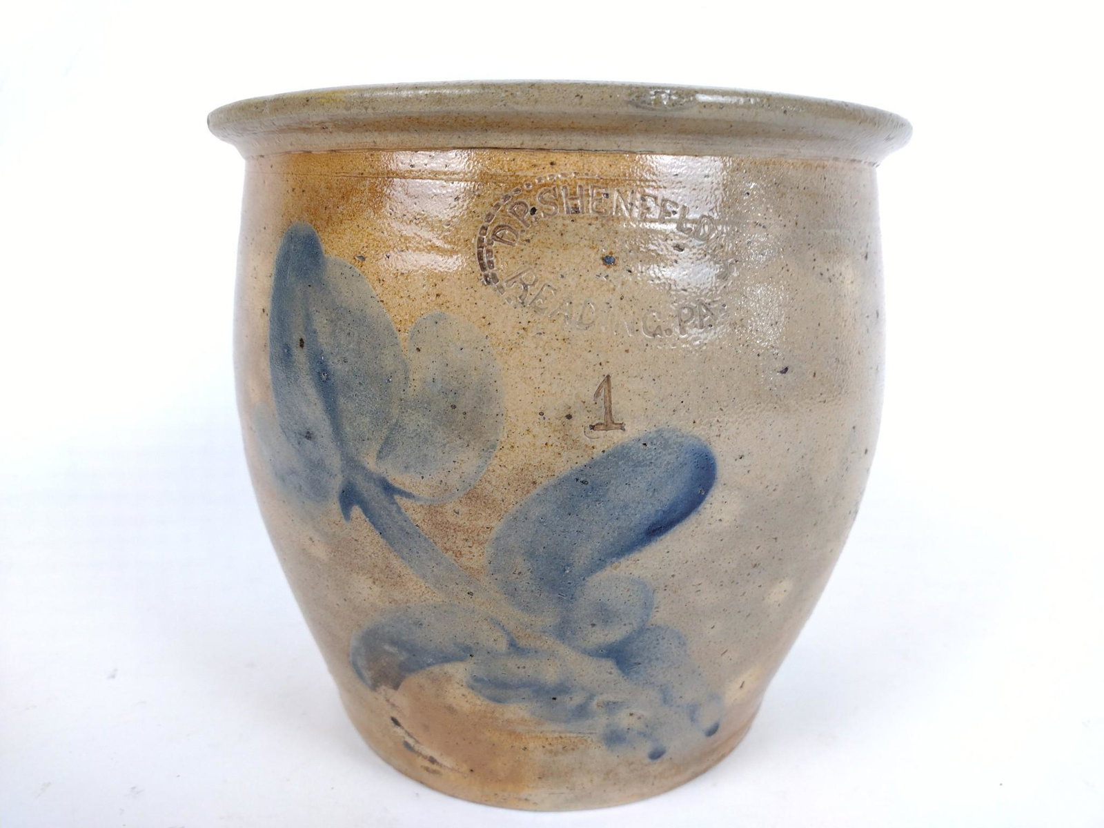Decorated Stoneware Crock: D.P.Shenfelder 1 Gallon. Reading, PA. 8-1/4" diameter x 8" high. JB IMPORTANT: Before bidding, please read the terms and conditions. When you registered for the auction you agreed to these terms and w