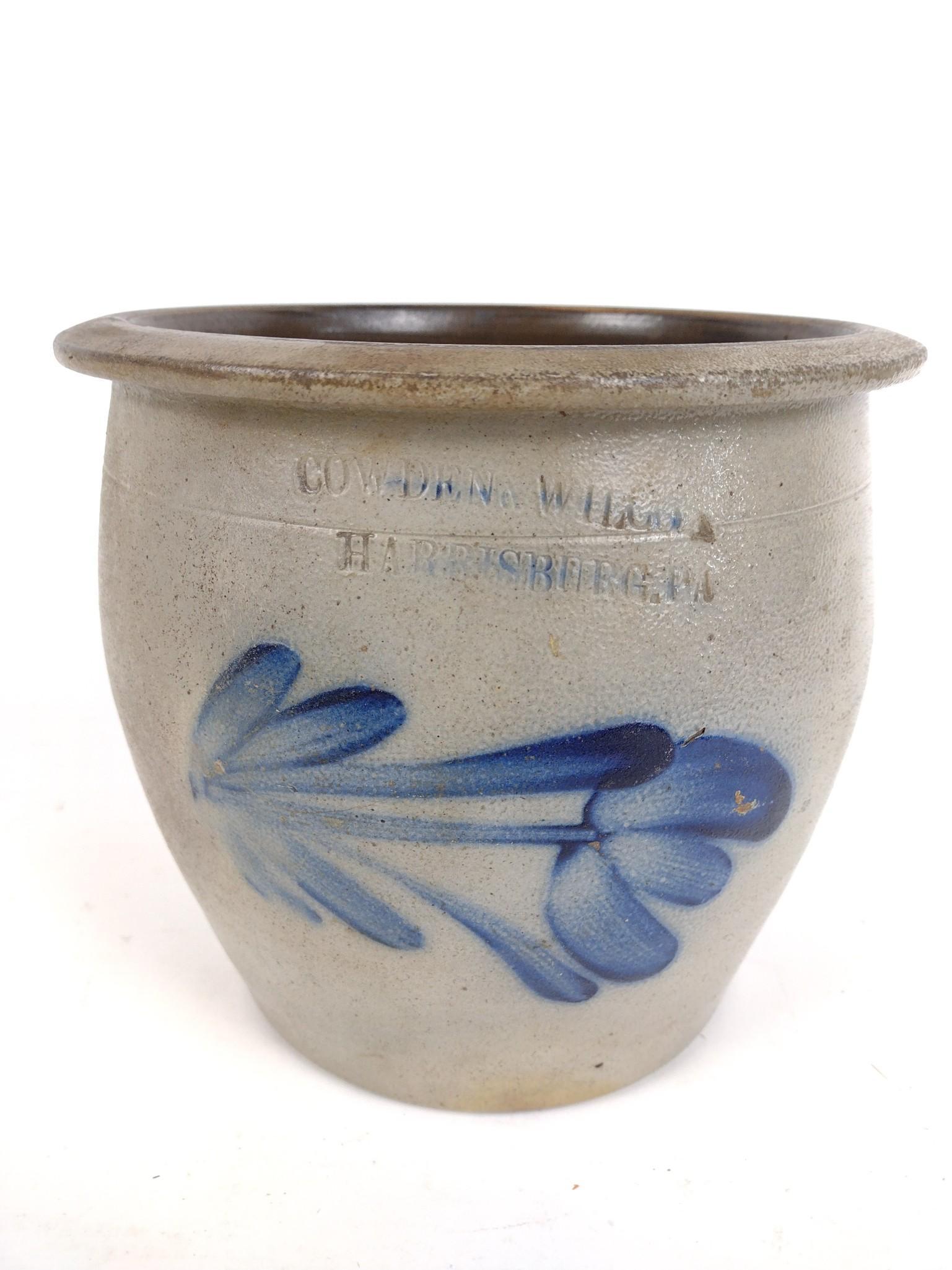 Cowden & Wilcox Harrisburg PA Crock: 8-1/4" diameter x 7-3/4" high. Some flaking to cobalt. JB IMPORTANT: Before bidding, please read the terms and conditions. When you registered for the auction you agreed to these terms and will be req