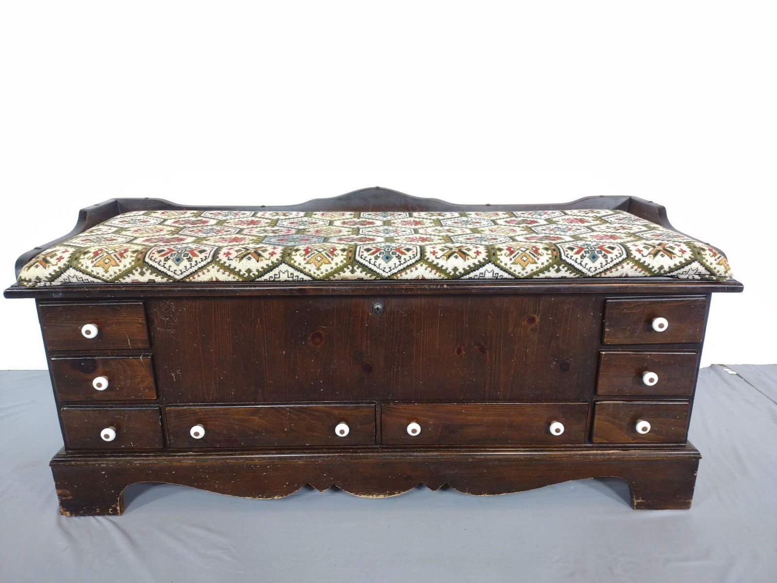 Lane Cedar Chest: Style No. 4149. 48-3/4" wide X 18" deep X 22" high. Has some scratches and areas of finish loss. MG. IMPORTANT: Before bidding, please read the terms and conditions. When you registered for the auctio