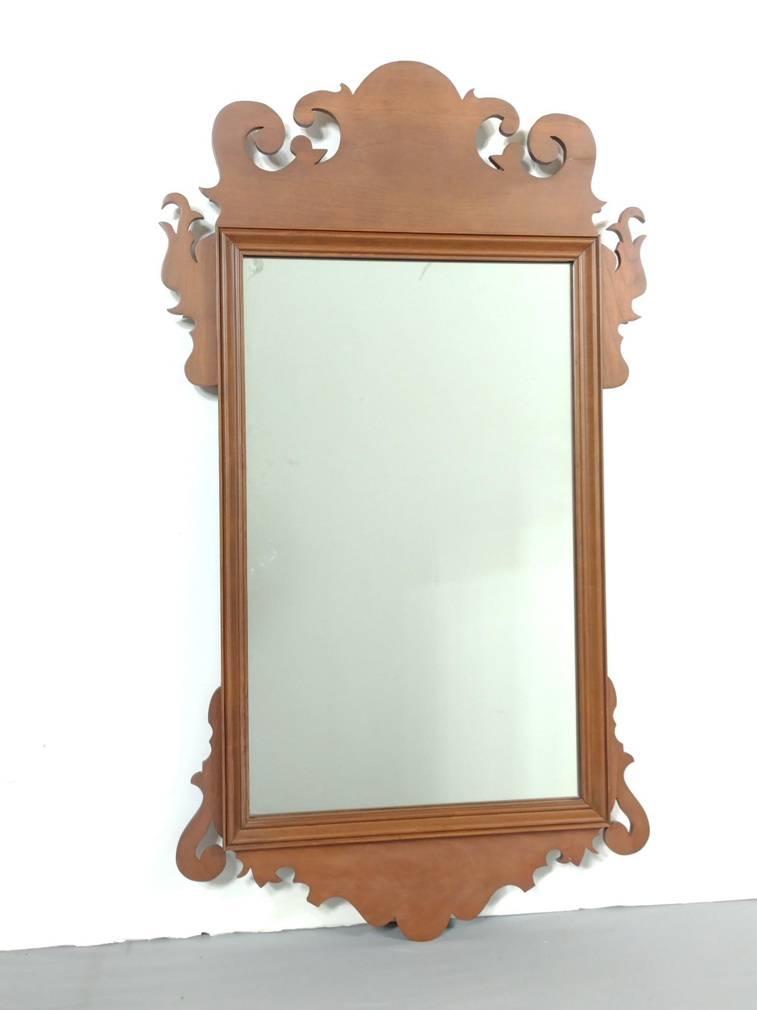 Wall Mirror: 37-1/2" high. X 21" wide. Has repairs to top right wood work. MG. IMPORTANT: Before bidding, please read the terms and conditions. When you registered for the auction you agreed to these terms and wil