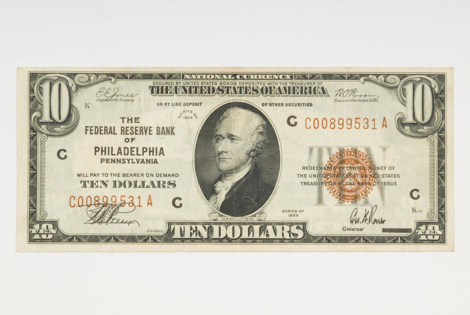 1929 $10 National Currency - Philadelphia Federal Reserve: Series 1929 $10 national currency issued by the Federal Reserve Bank of Philadelphia, Pennsylvania. AJ IMPORTANT: Before bidding, please read the terms and conditions. When you registered for the auct