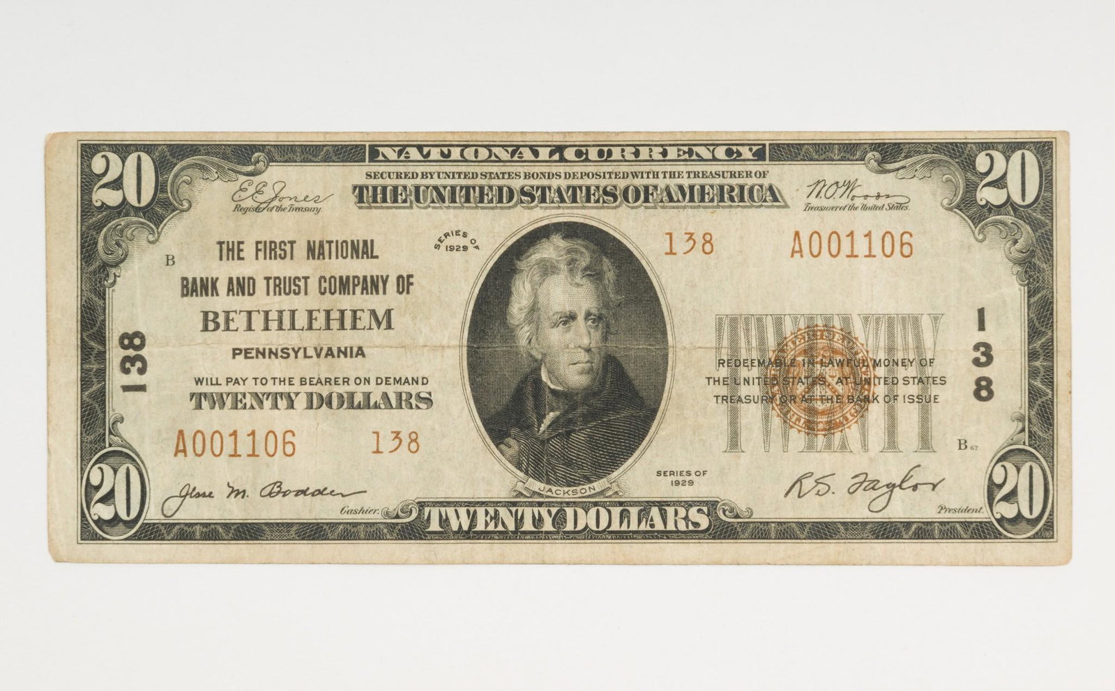 1929 $20 National Currency - Bethlehem, PA: 1929 $20 national currency note issued by the First National Bank and Trust Company of Bethlehem, Pennsylvania. AJ IMPORTANT: Before bidding, please read the terms and conditions. When you registered 