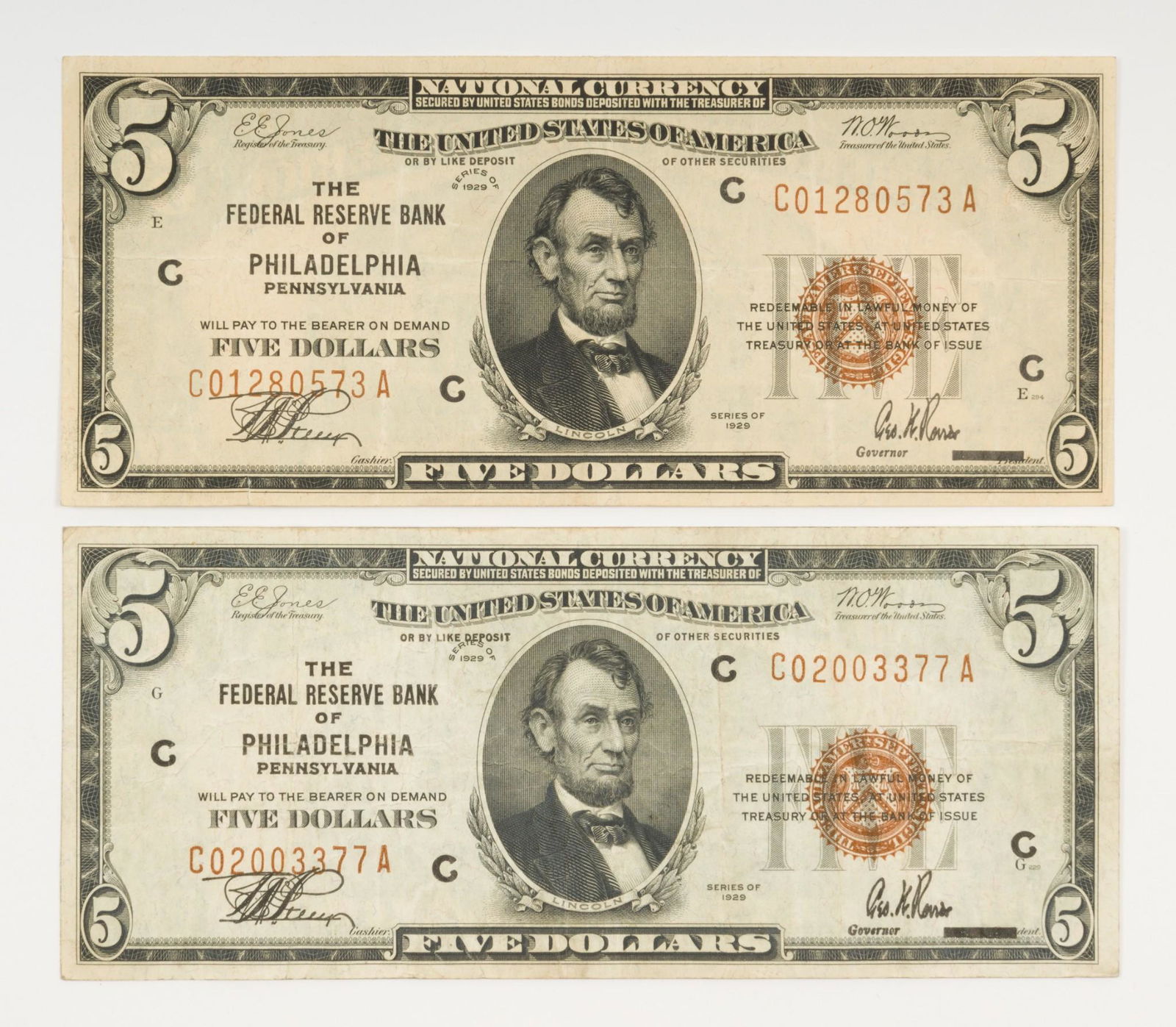 2 1929 $5 National Currency Notes - Federal Reserve Philadelphia (1 of 2)