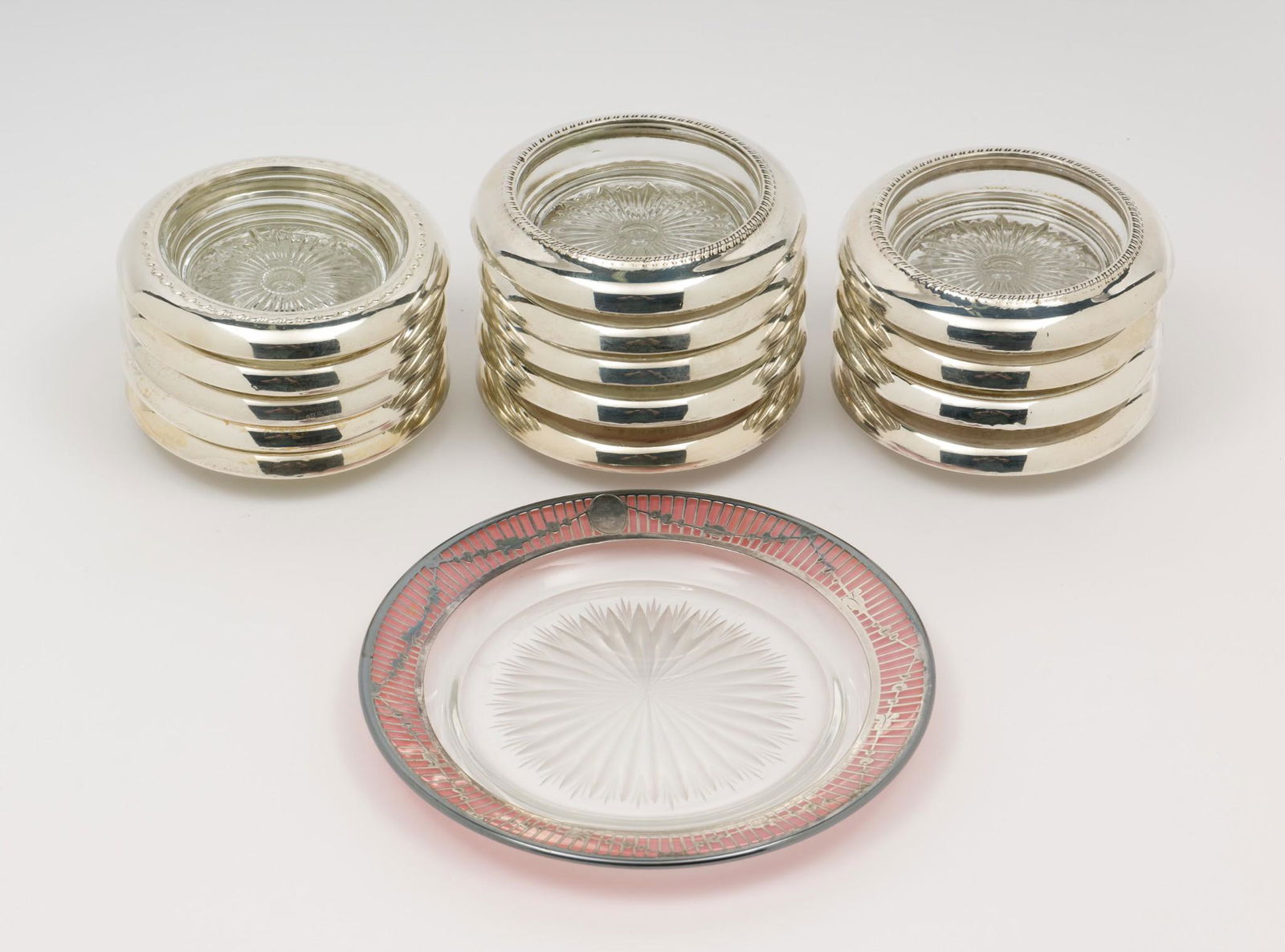 14 Sterling Rimmed Coasters and One Sterling Overlay Plate (1 of 5)