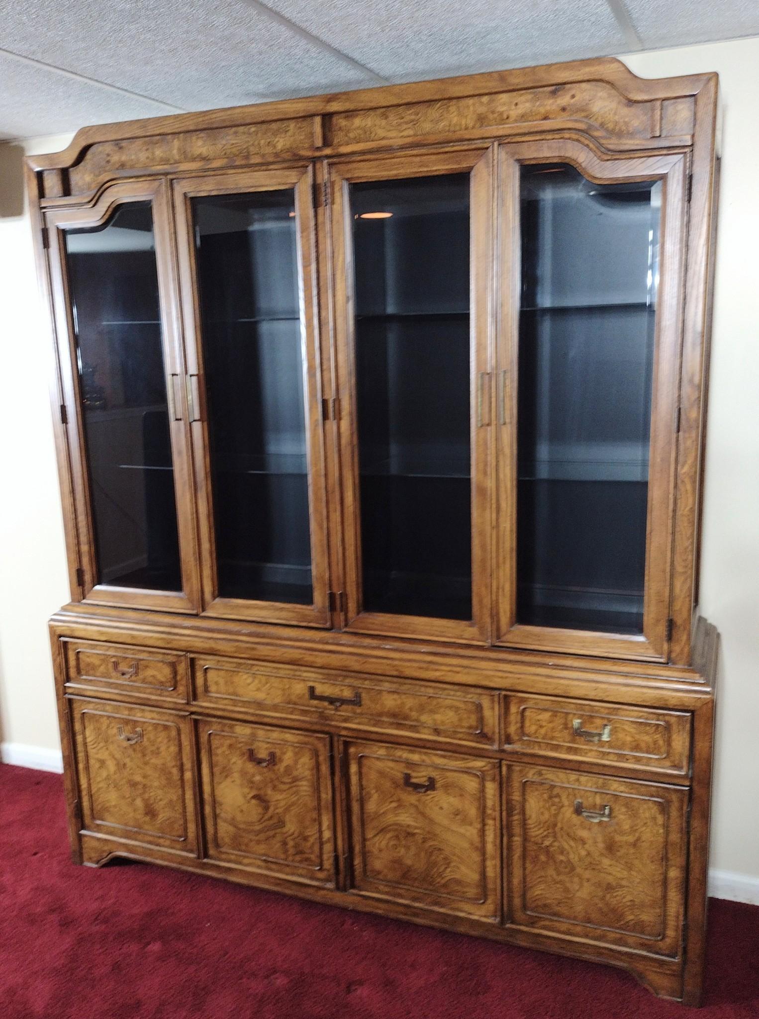Stanley Burlwood China Cabinet: Can be used as a china cabinet or a side board. 70" wide X 17" deep X 81" high. Has a few light scratches. MG. IMPORTANT: Before bidding, please read the terms and conditions. When you registered for 