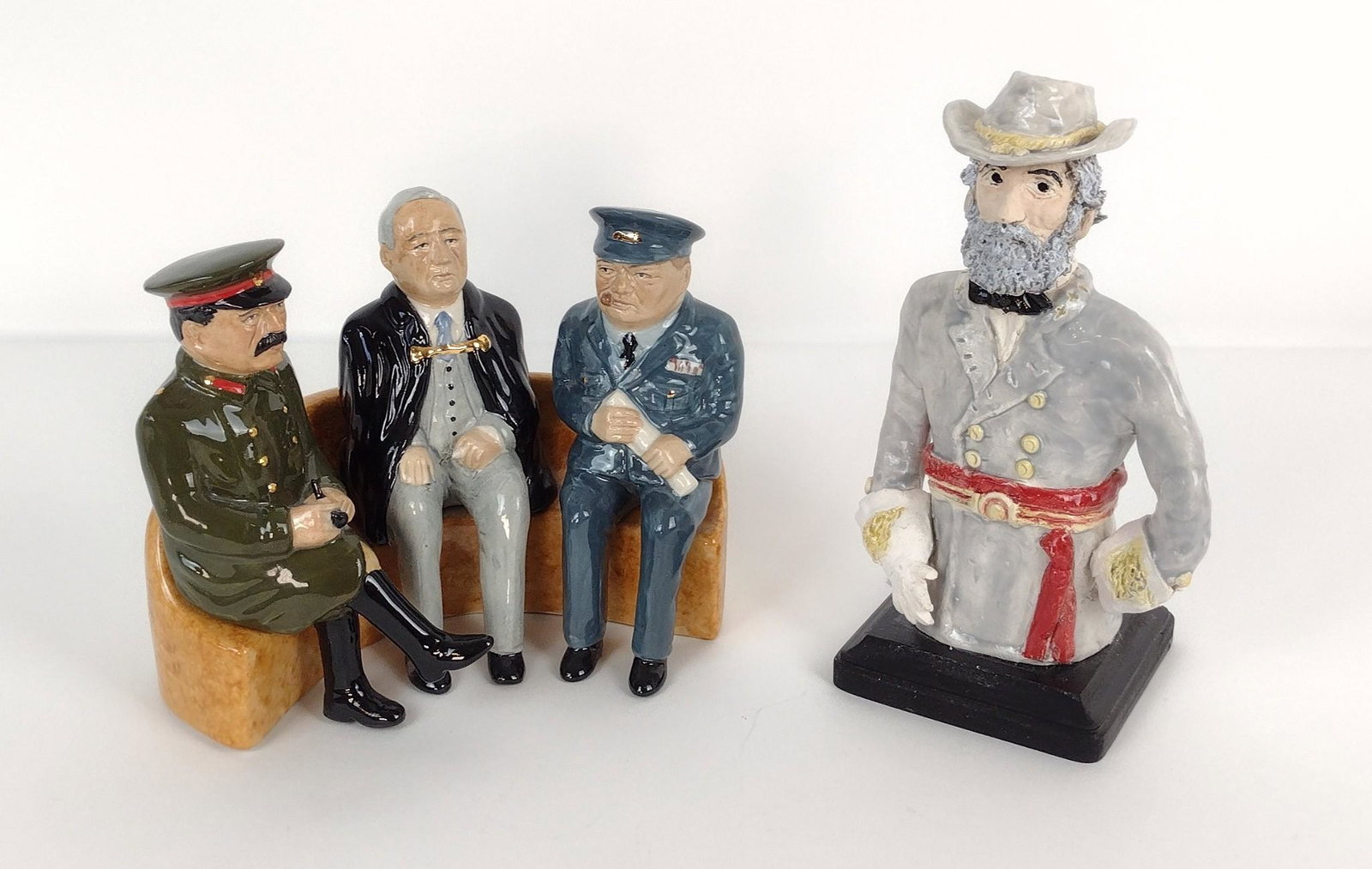 2 Historical Figurines incl General Lee: Also includes Stalin, FDR, and Churchill. 4" to 7-1/2" wide X 5-3/4" to 8" high. MEG IMPORTANT: Before bidding, please read the terms and conditions. When you registered for the auction you agreed to 