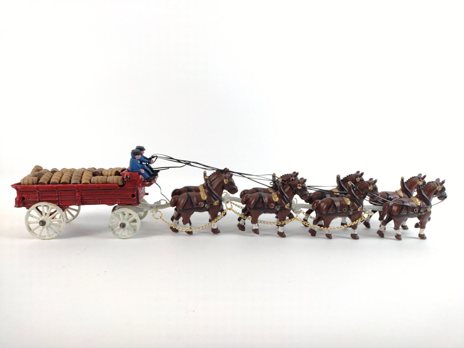 Cast Iron Horse Drawn Truck Toy: 30-1/2" long x 4-1/2" wide x 6-1/2" high. Includes 28 barrels. JB IMPORTANT: Before bidding, please read the terms and conditions. When you registered for the auction you agreed to these terms and wil
